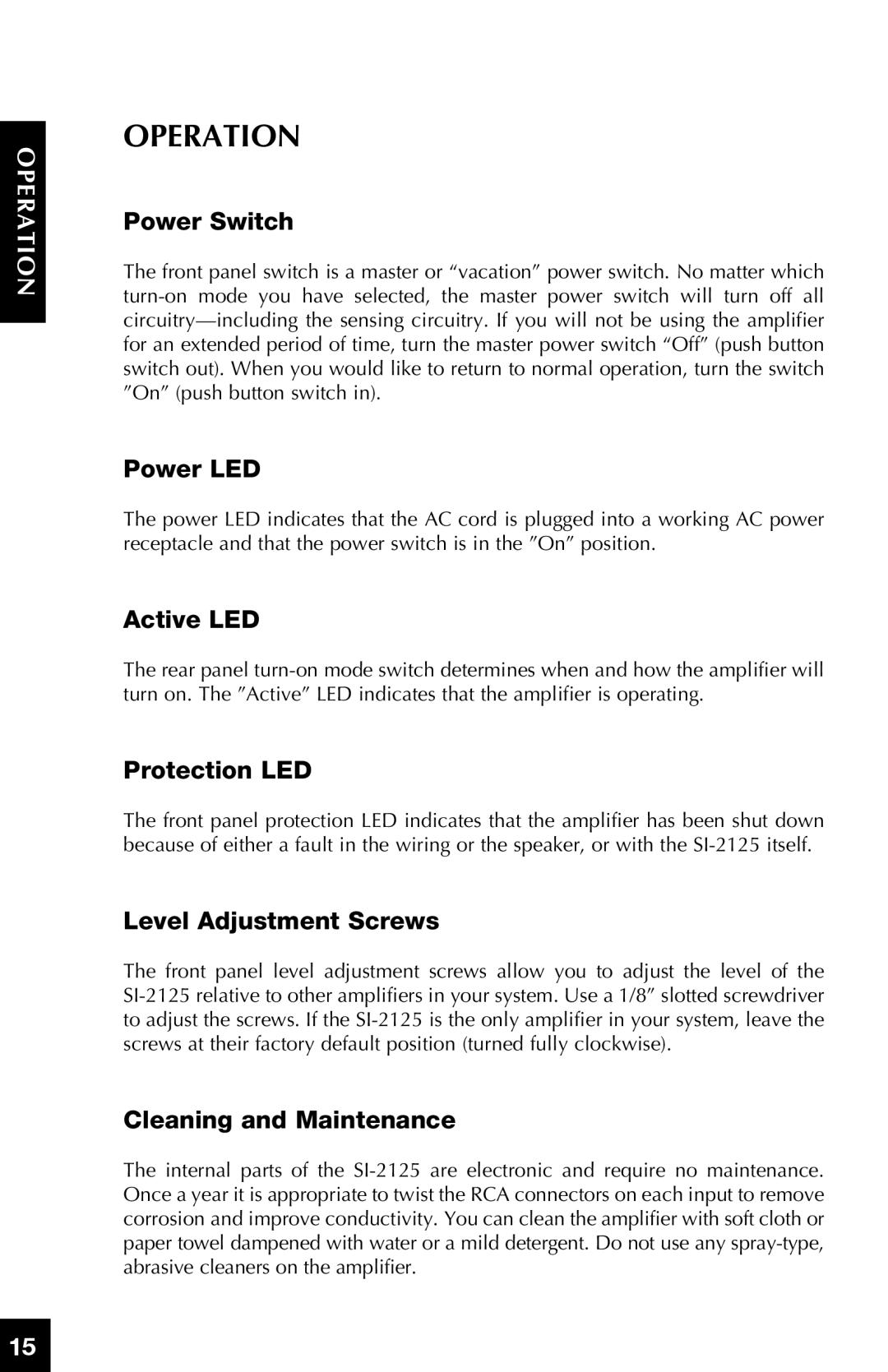 Niles Audio SI-2125 Operation, ep Oration, Power Switch, Power LED, Active LED, Protection LED, Level Adjustment Screws 