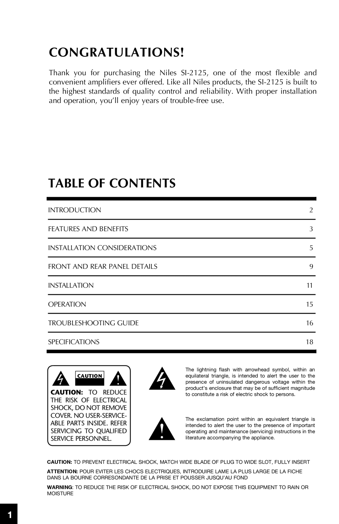 Niles Audio SI-2125 manual Congratulations, Table of contents 