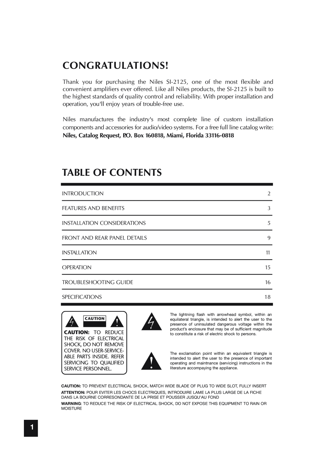 Niles Audio SI-2125 specifications Congratulations, Table Of Contents 