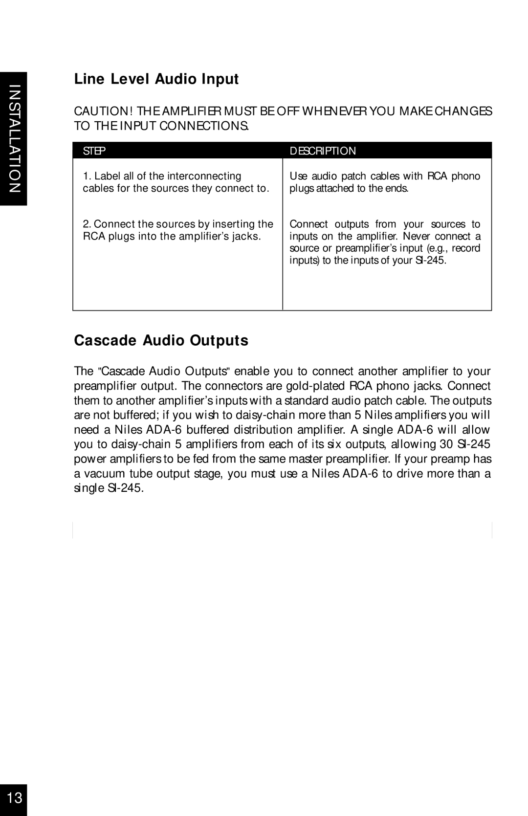 Niles Audio SI-245 manual Line Level Audio Input, Cascade Audio Outputs 