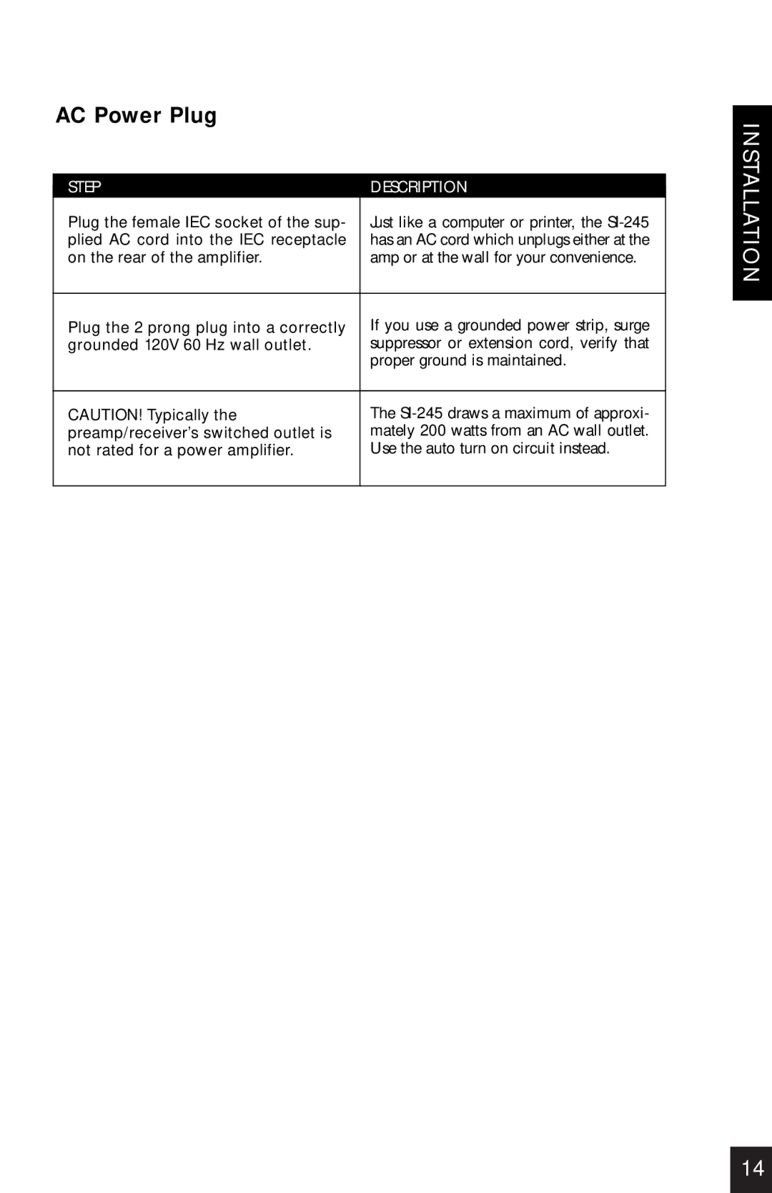 Niles Audio SI-245 manual AC Power Plug, On the rear of the amplifier 