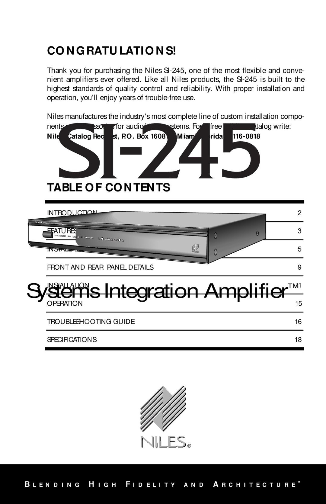 Niles Audio SI-245 manual Congratulations 