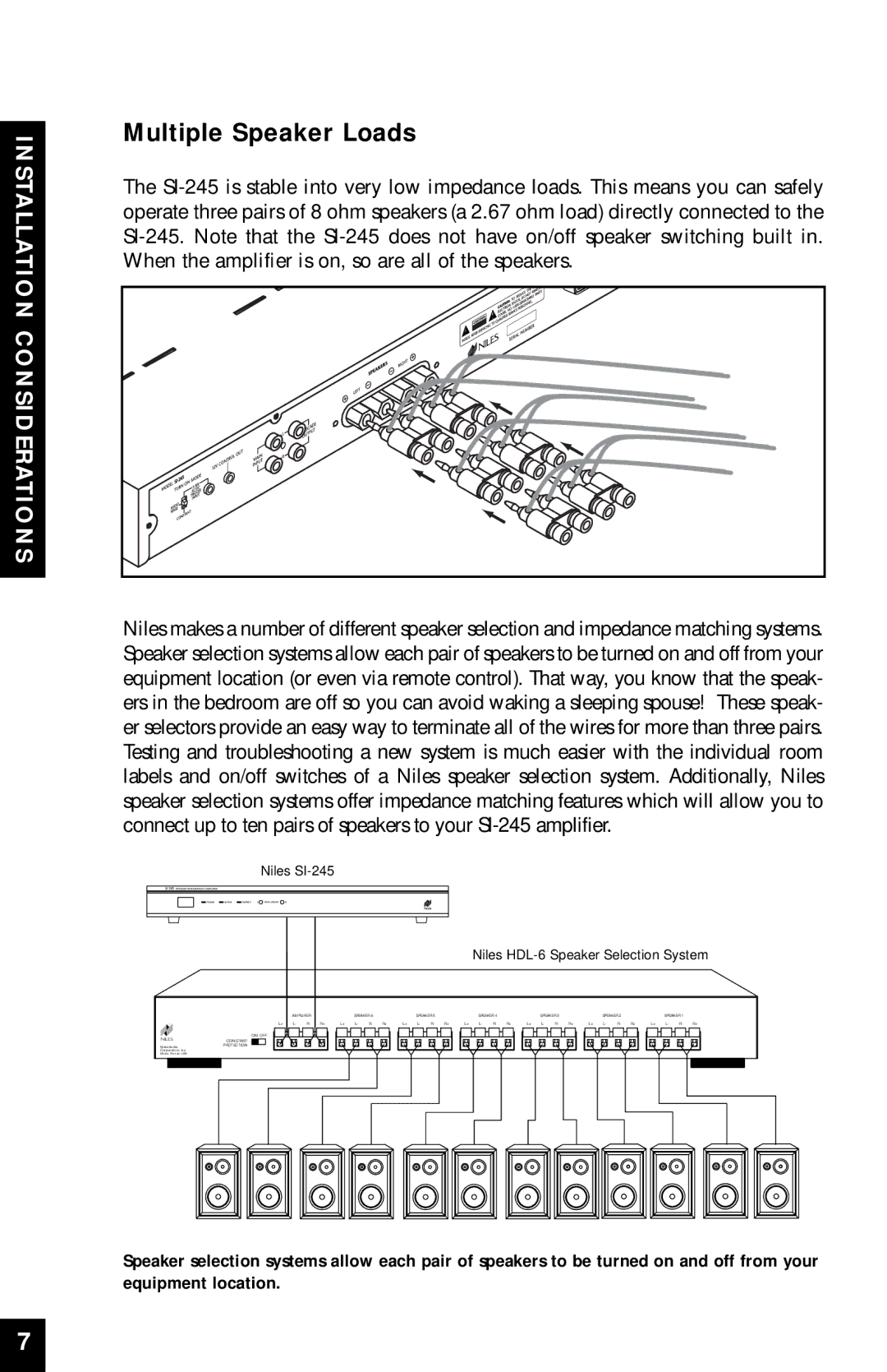 Niles Audio manual Multiple Speaker Loads, Niles SI-245 Niles HDL-6 Speaker Selection System 