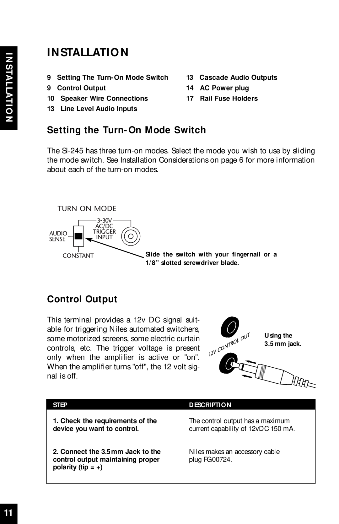 Niles Audio SI-245 manual Installation, Setting the Turn-OnMode Switch, Control Output 