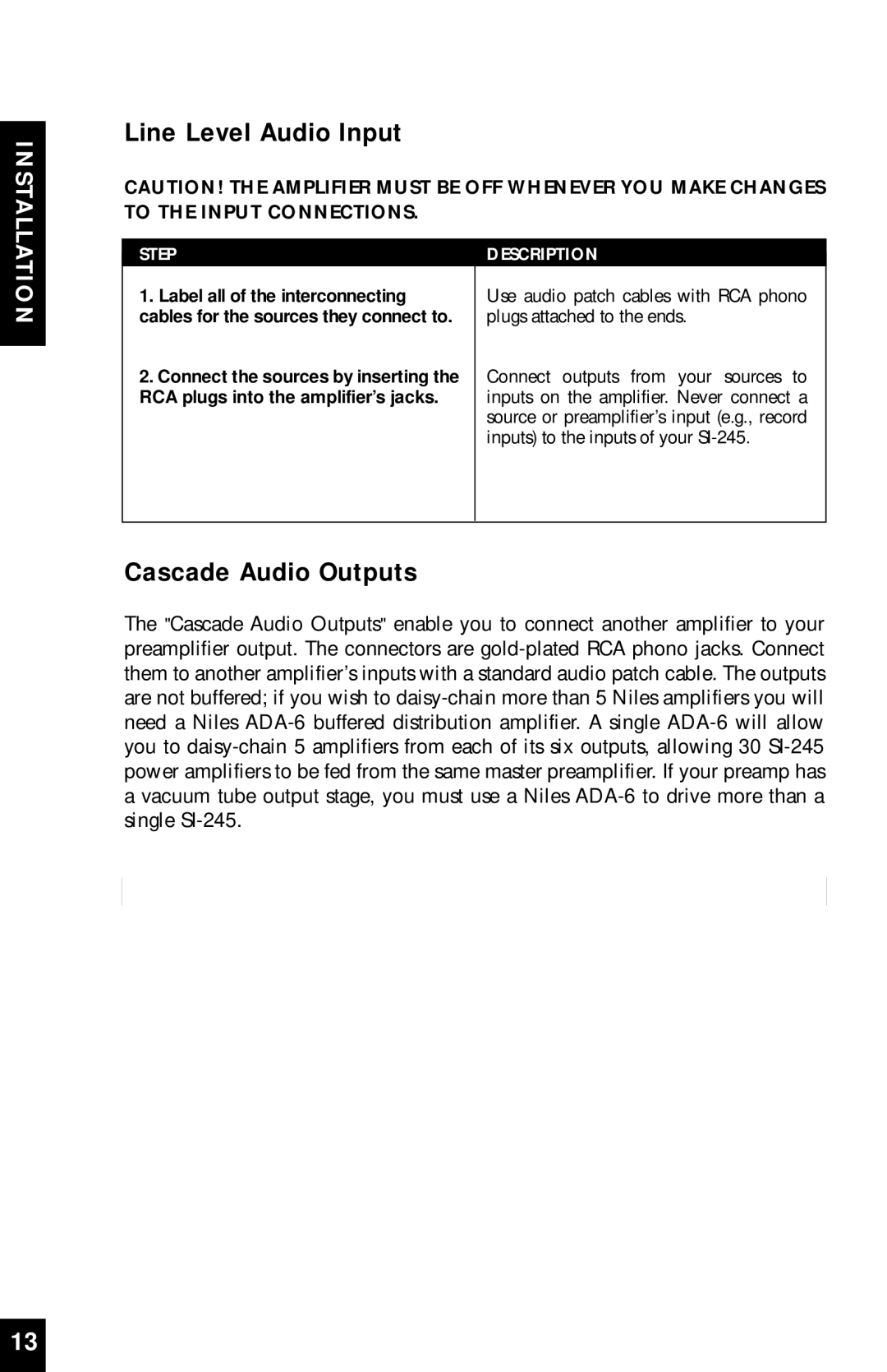 Niles Audio SI-245 manual Line Level Audio Input, Cascade Audio Outputs 