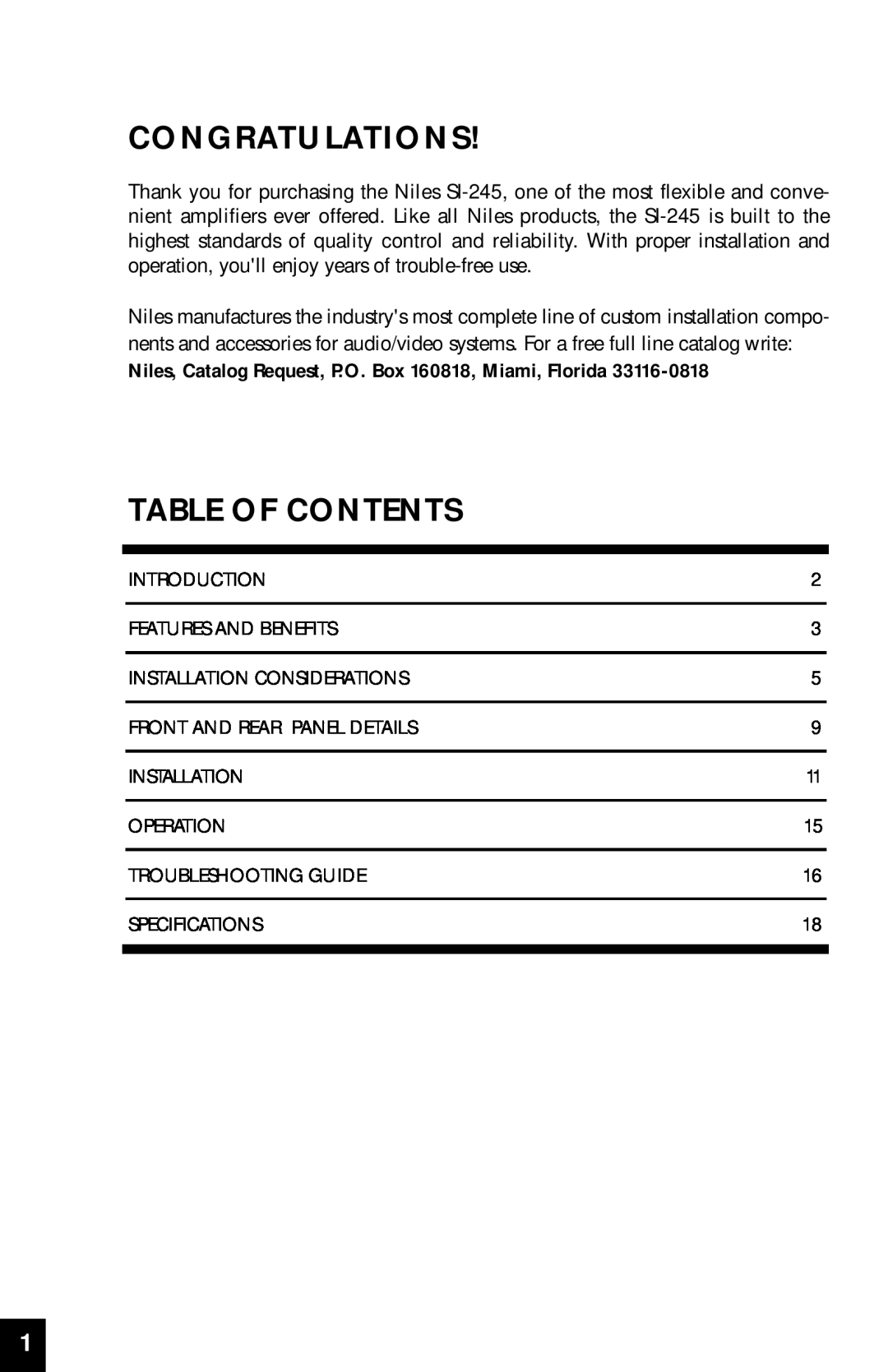 Niles Audio SI-245 manual Congratulations, Table Of Contents 