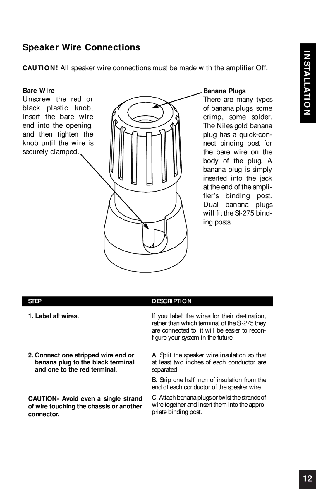 Niles Audio SI-275 manual Speaker Wire Connections, Bare Wire 