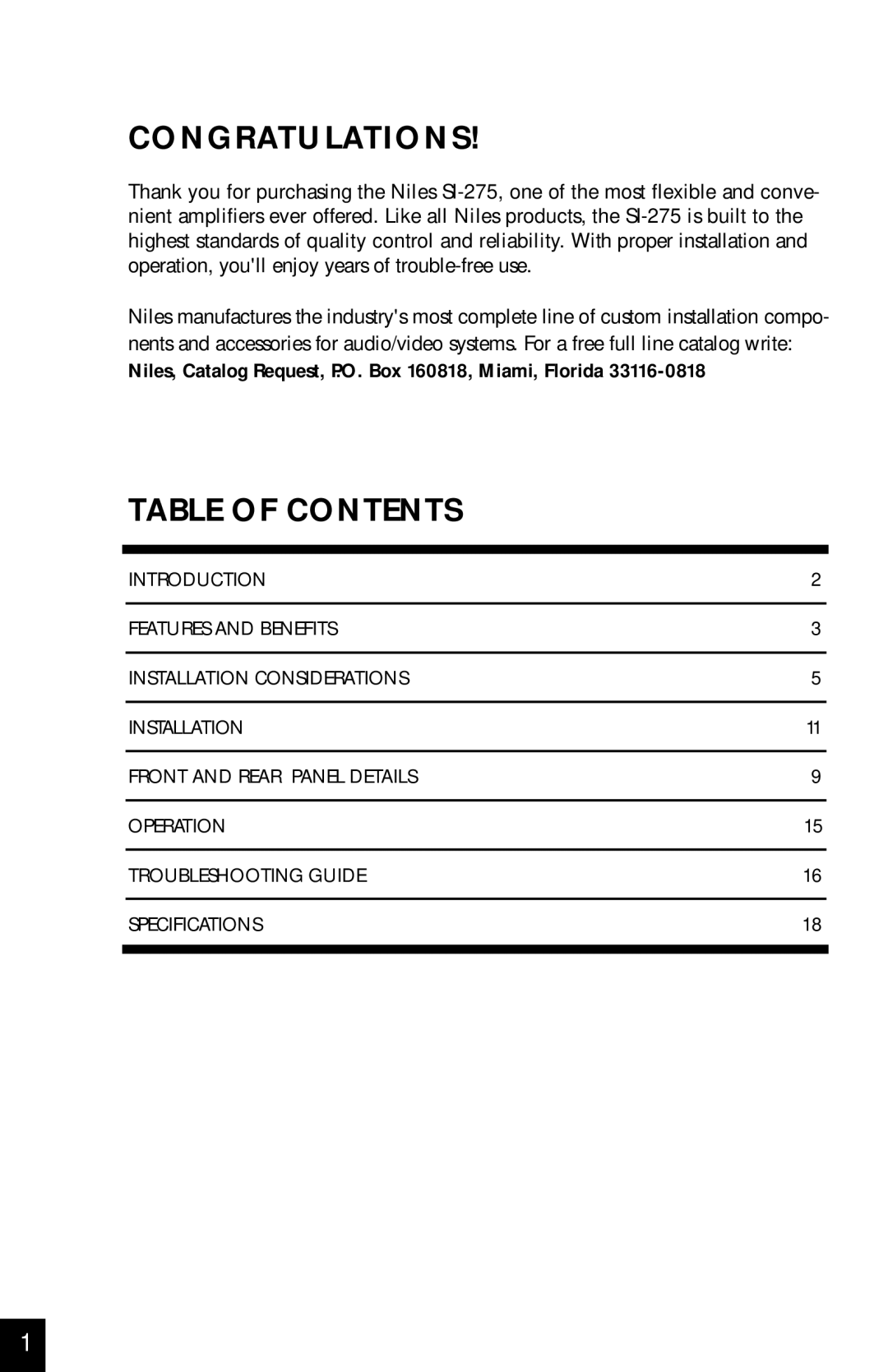 Niles Audio SI-275 manual Congratulations 