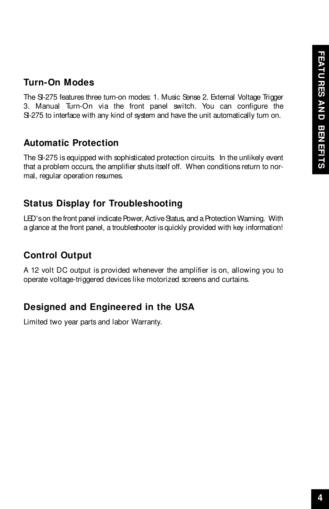 Niles Audio SI-275 manual Turn-On Modes, Automatic Protection, Status Display for Troubleshooting, Control Output 