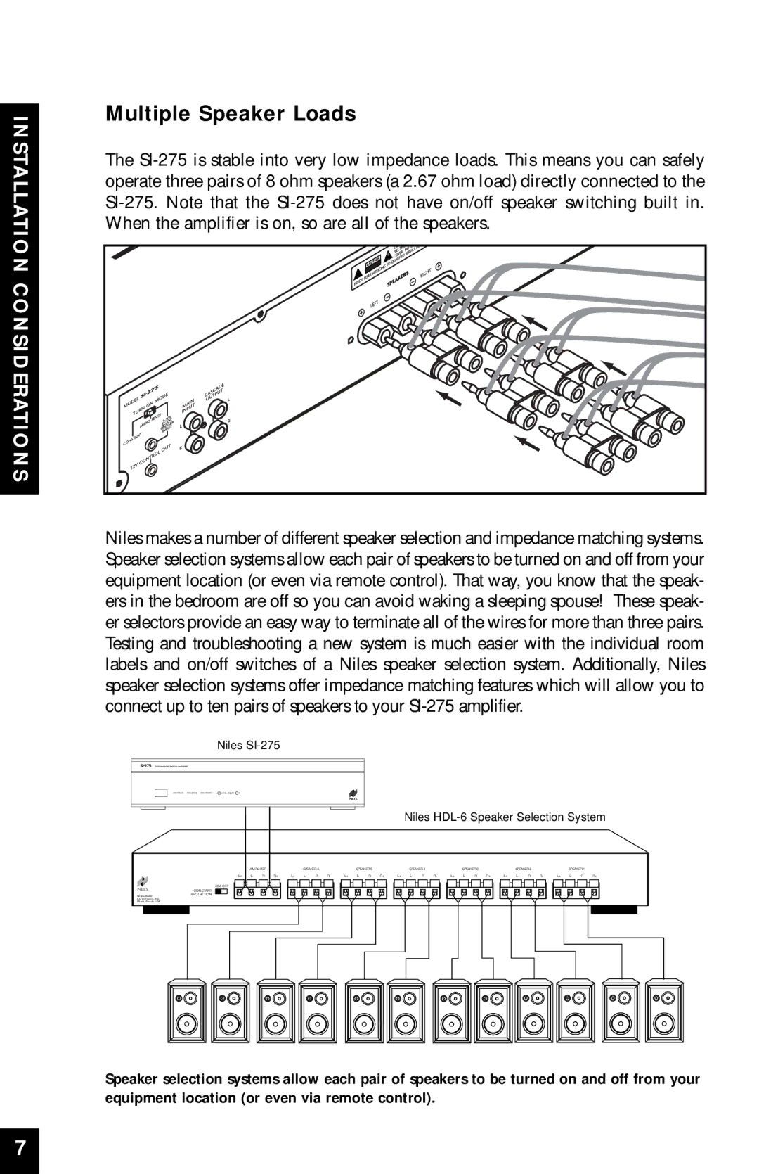 Niles Audio manual Multiple Speaker Loads, Niles SI-275 Niles HDL-6 Speaker Selection System 