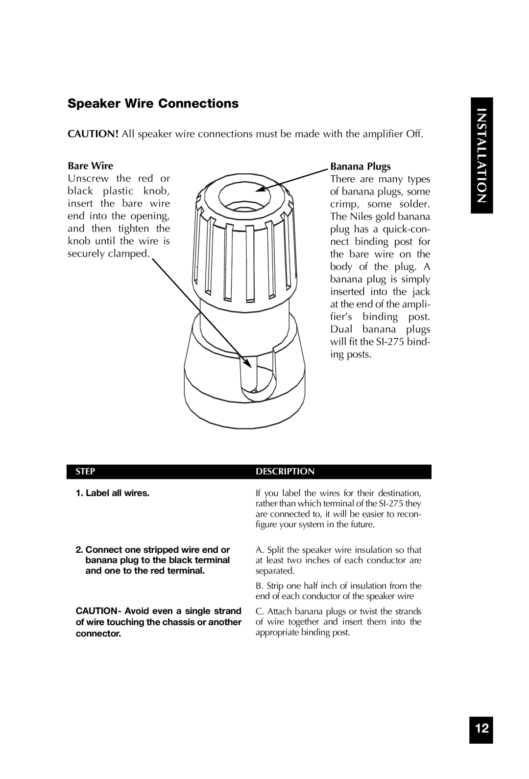 Niles Audio SI-275 manual Speaker Wire Connections, Bare Wire 