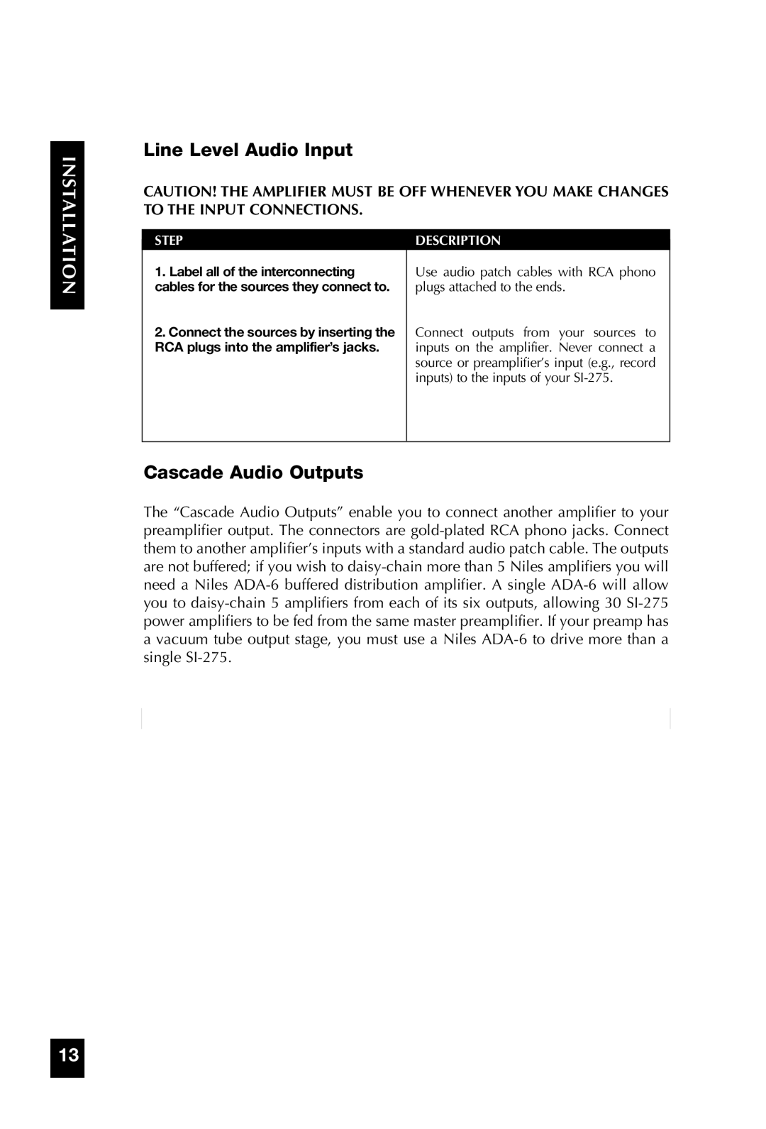 Niles Audio SI-275 manual Line Level Audio Input, Cascade Audio Outputs 