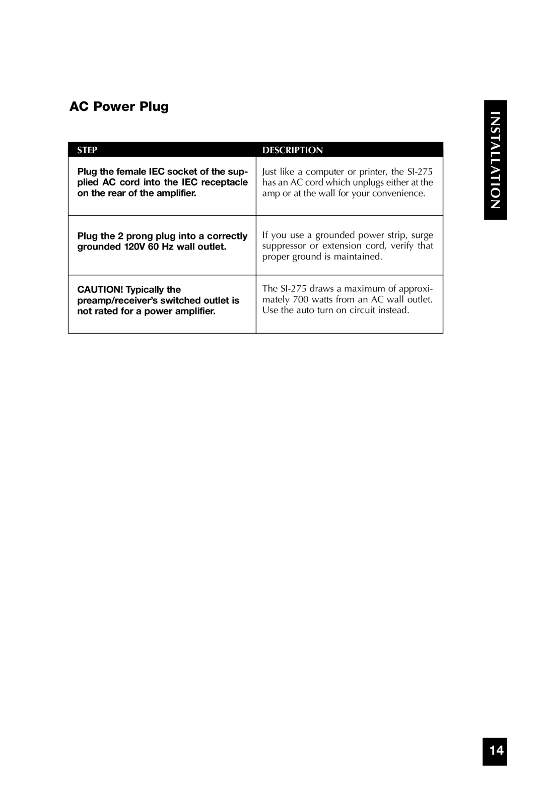 Niles Audio SI-275 manual AC Power Plug, On the rear of the amplifier 