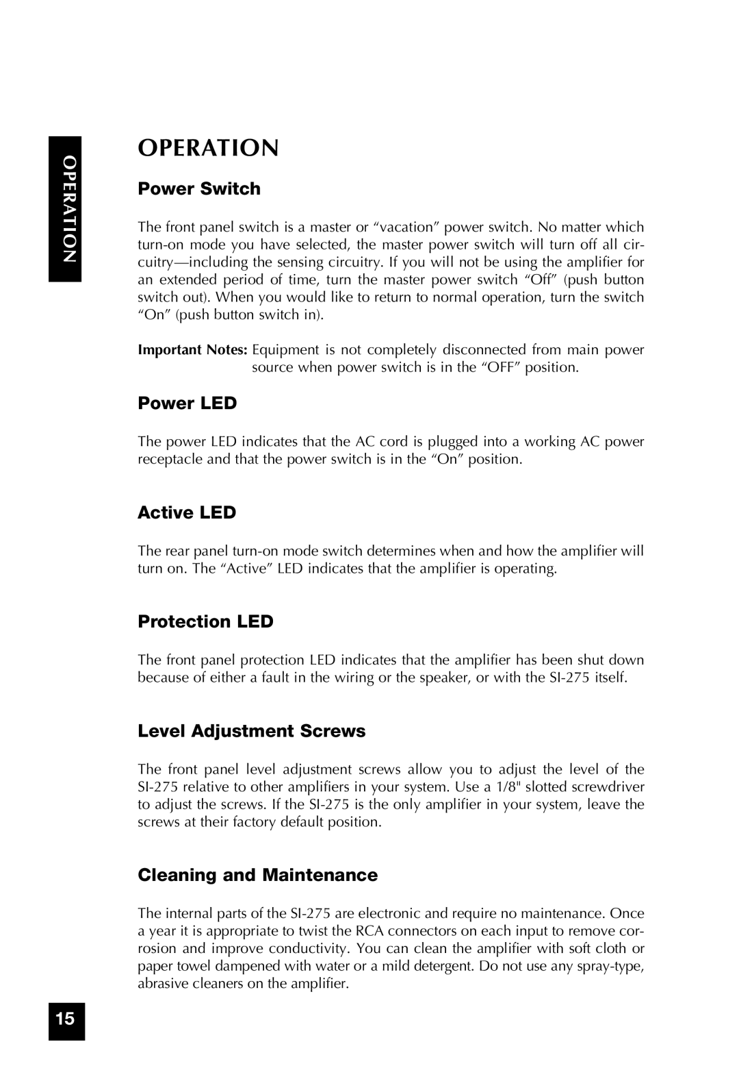 Niles Audio SI-275 manual Operation 