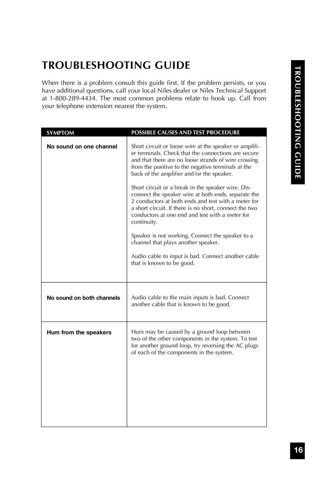 Niles Audio SI-275 manual Troubleshooting Guide, No sound on one channel 