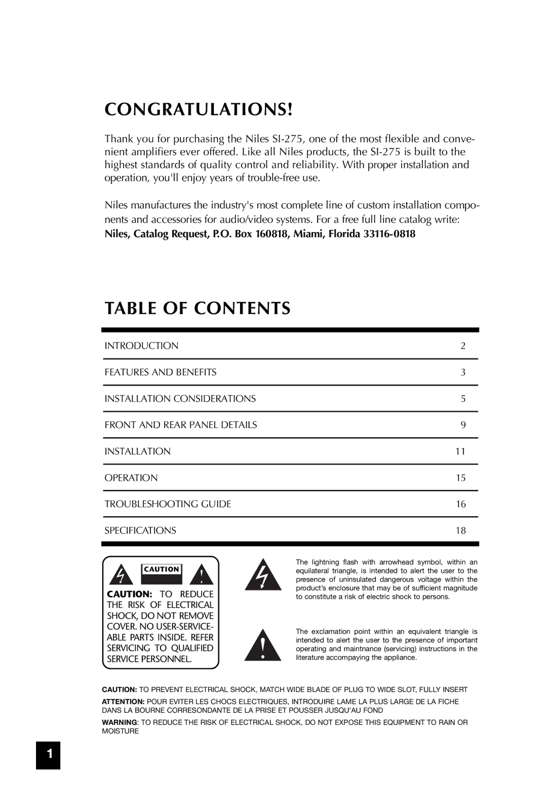 Niles Audio SI-275 manual Congratulations, Table of Contents 