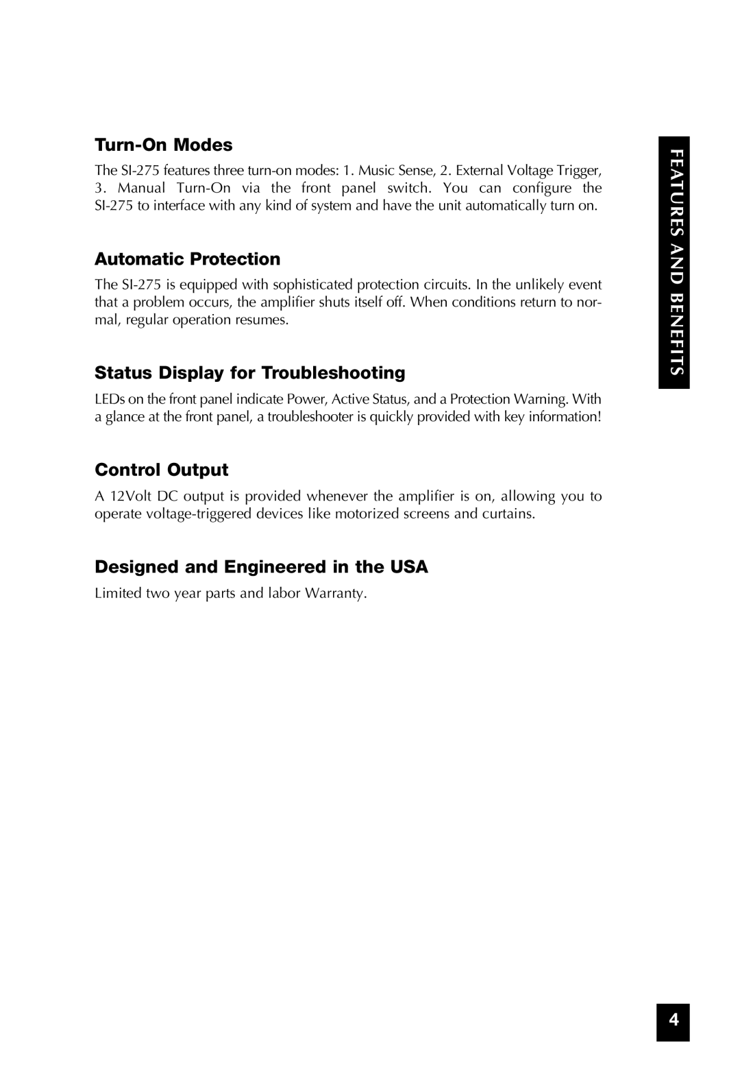 Niles Audio SI-275 manual Turn-On Modes, Automatic Protection, Status Display for Troubleshooting, Control Output 