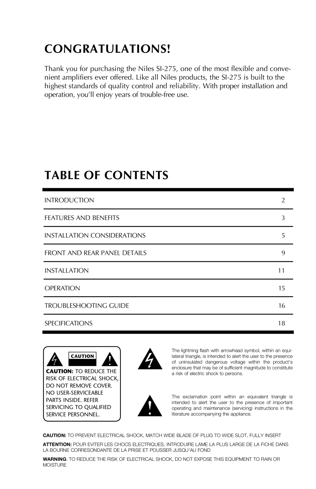 Niles Audio SI-275 manual Congratulations, Table of contents 