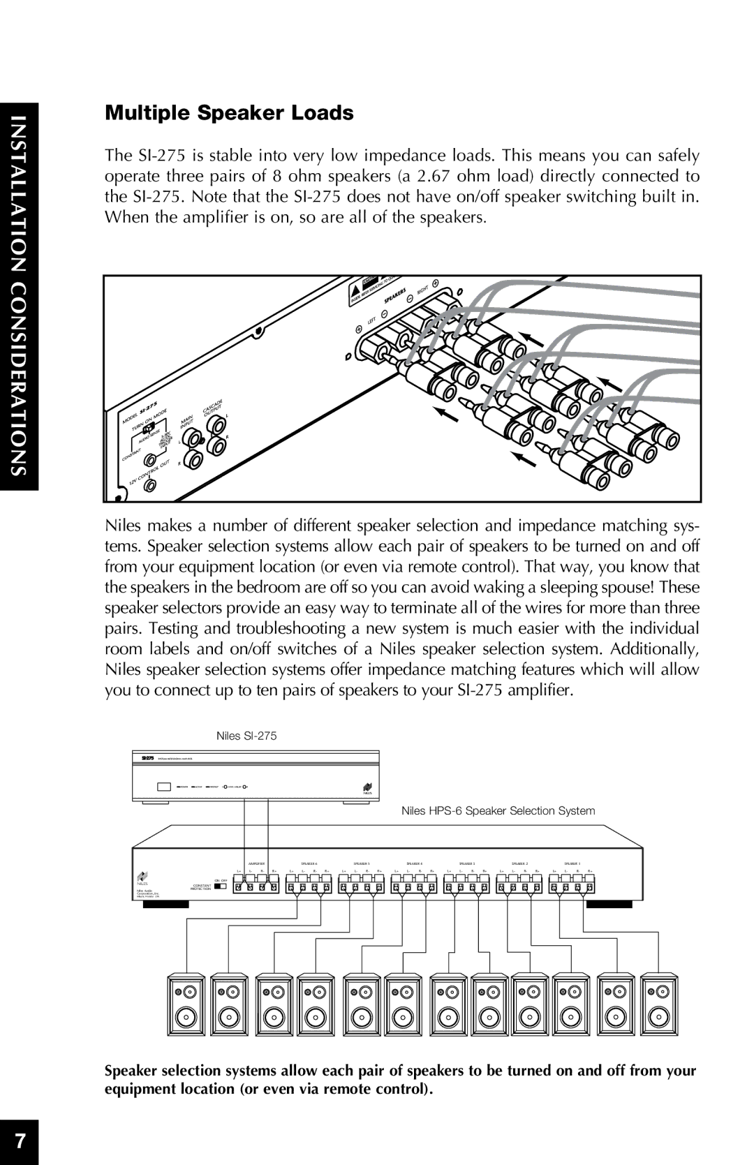 Niles Audio manual Multiple Speaker Loads, Niles SI-275 Niles HPS-6 Speaker Selection System 