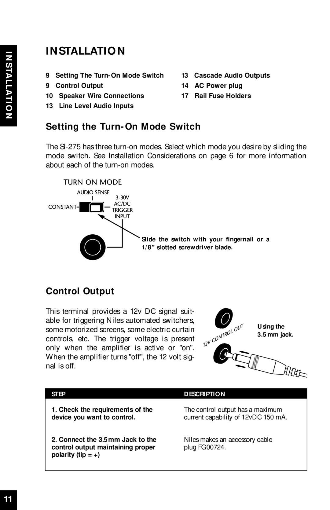 Niles Audio SI-275 manual Installation, Setting the Turn-OnMode Switch, Control Output 