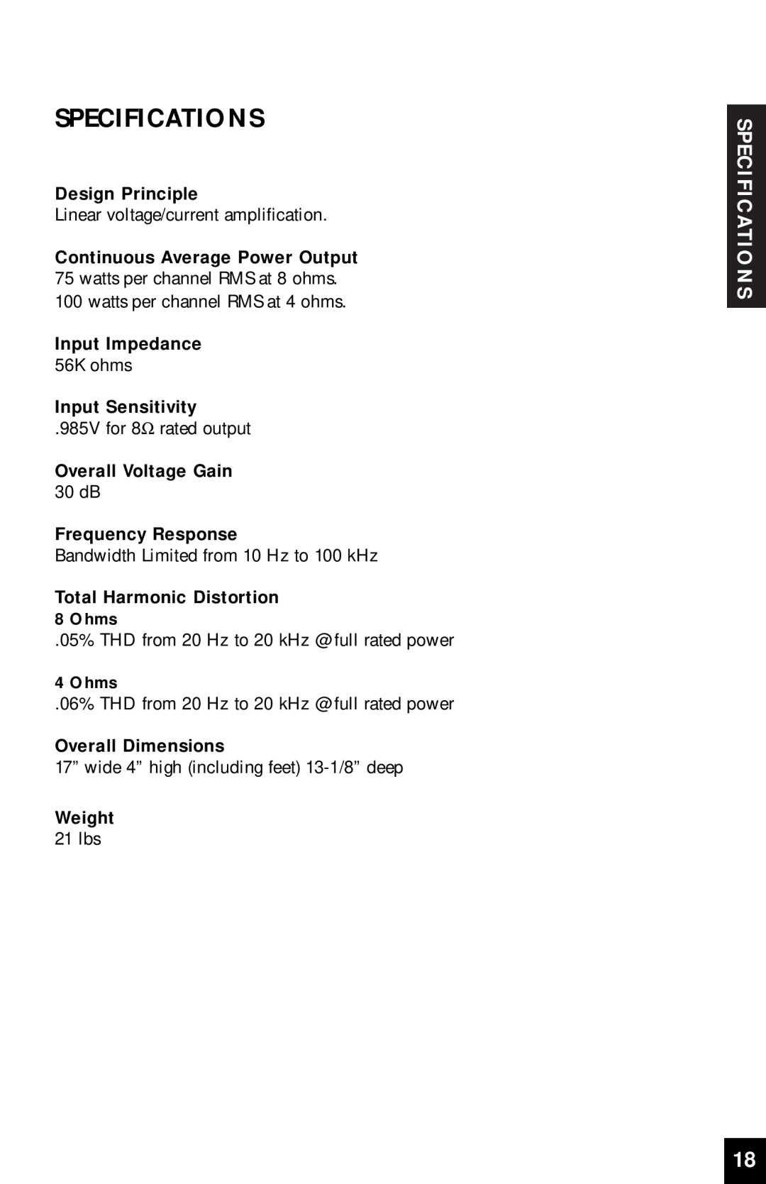 Niles Audio SI-275 manual Specifications 