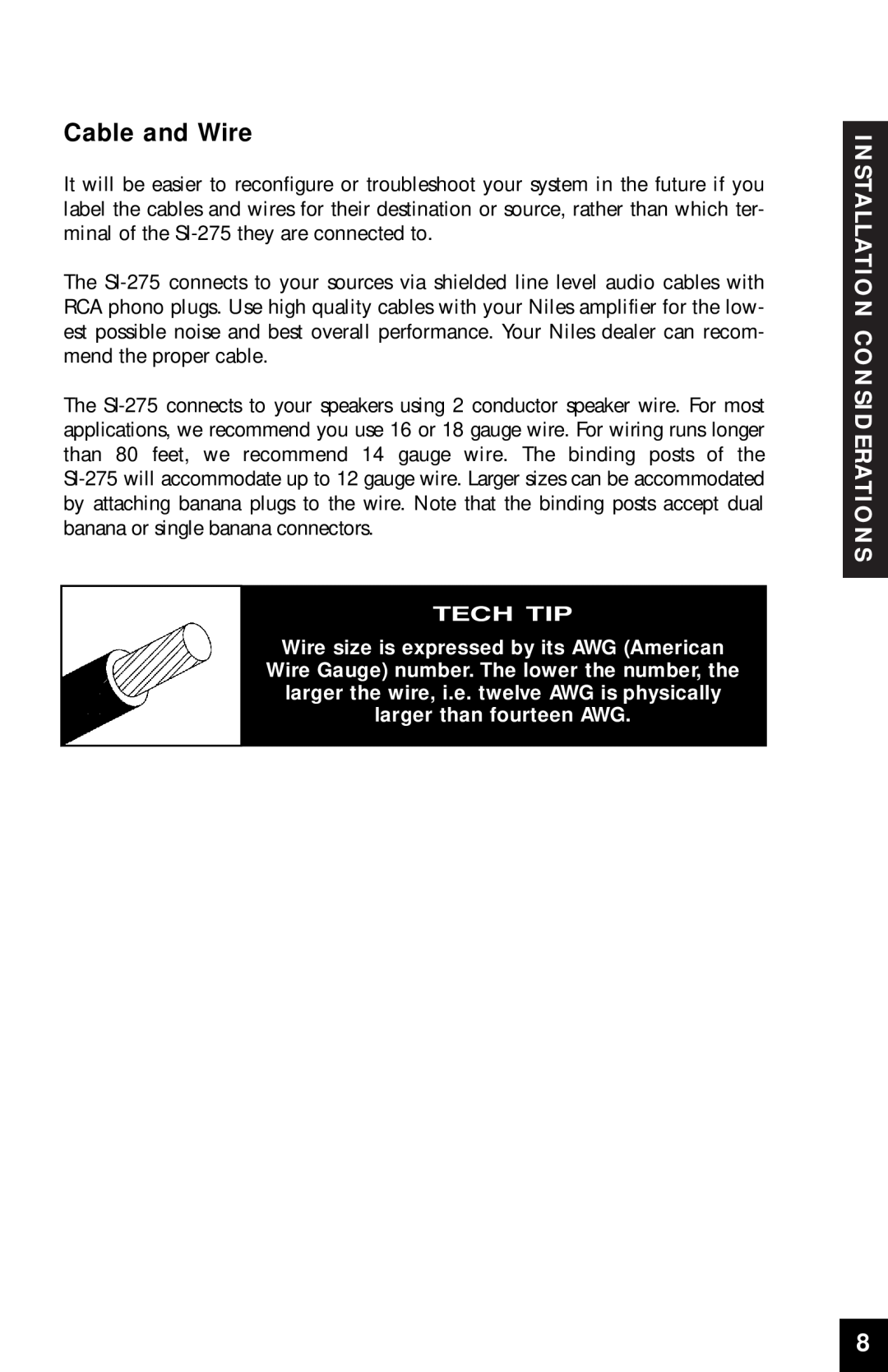 Niles Audio SI-275 manual Cable and Wire, Tech Tip, Installation Considerations 