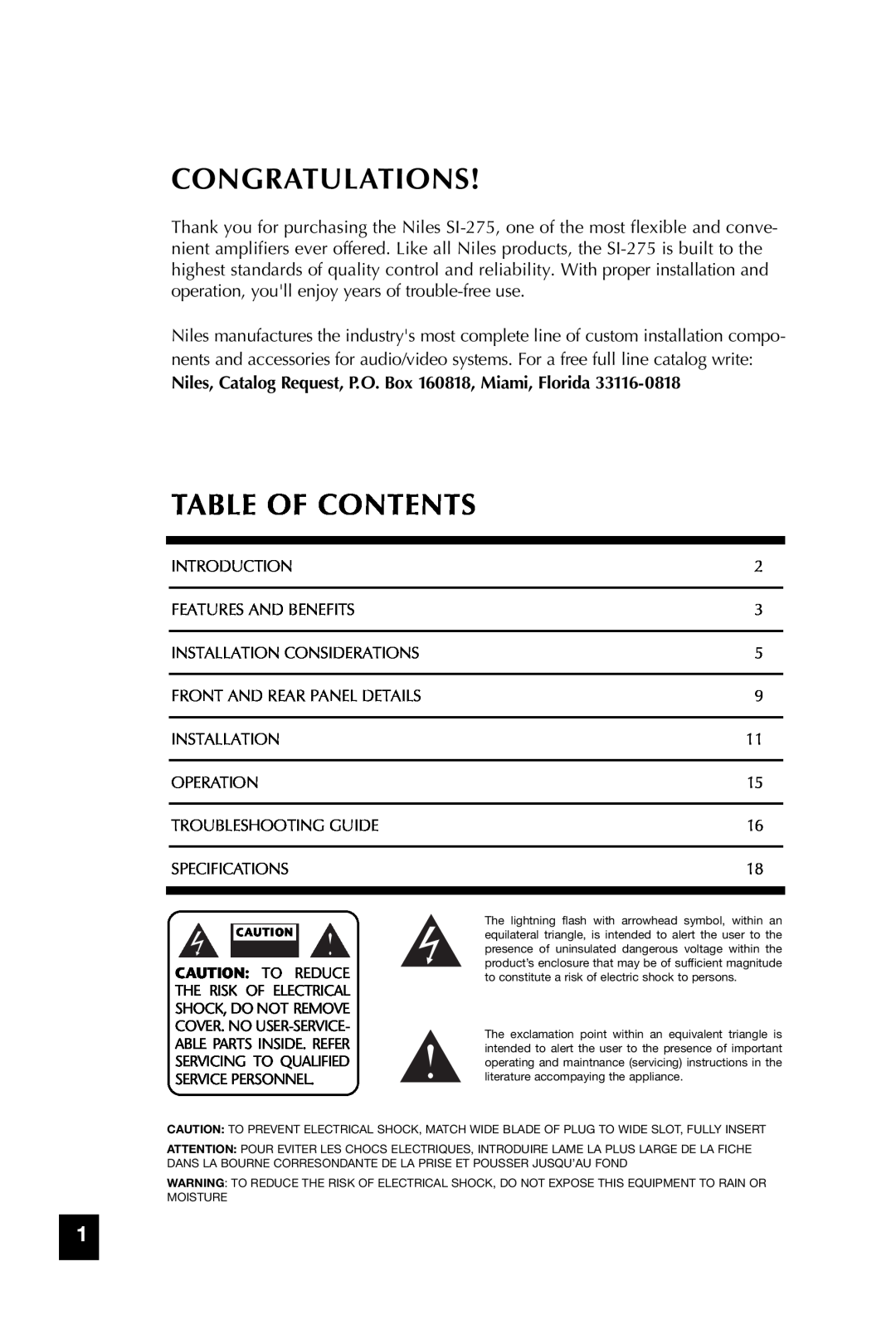 Niles Audio SI-275 manual Congratulations, Table Of Contents 
