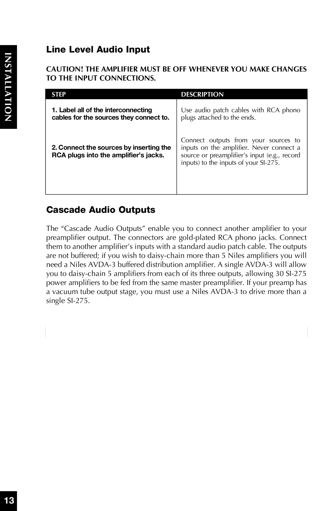 Niles Audio SI-275 manual Line Level Audio Input, Cascade Audio Outputs, Installation 