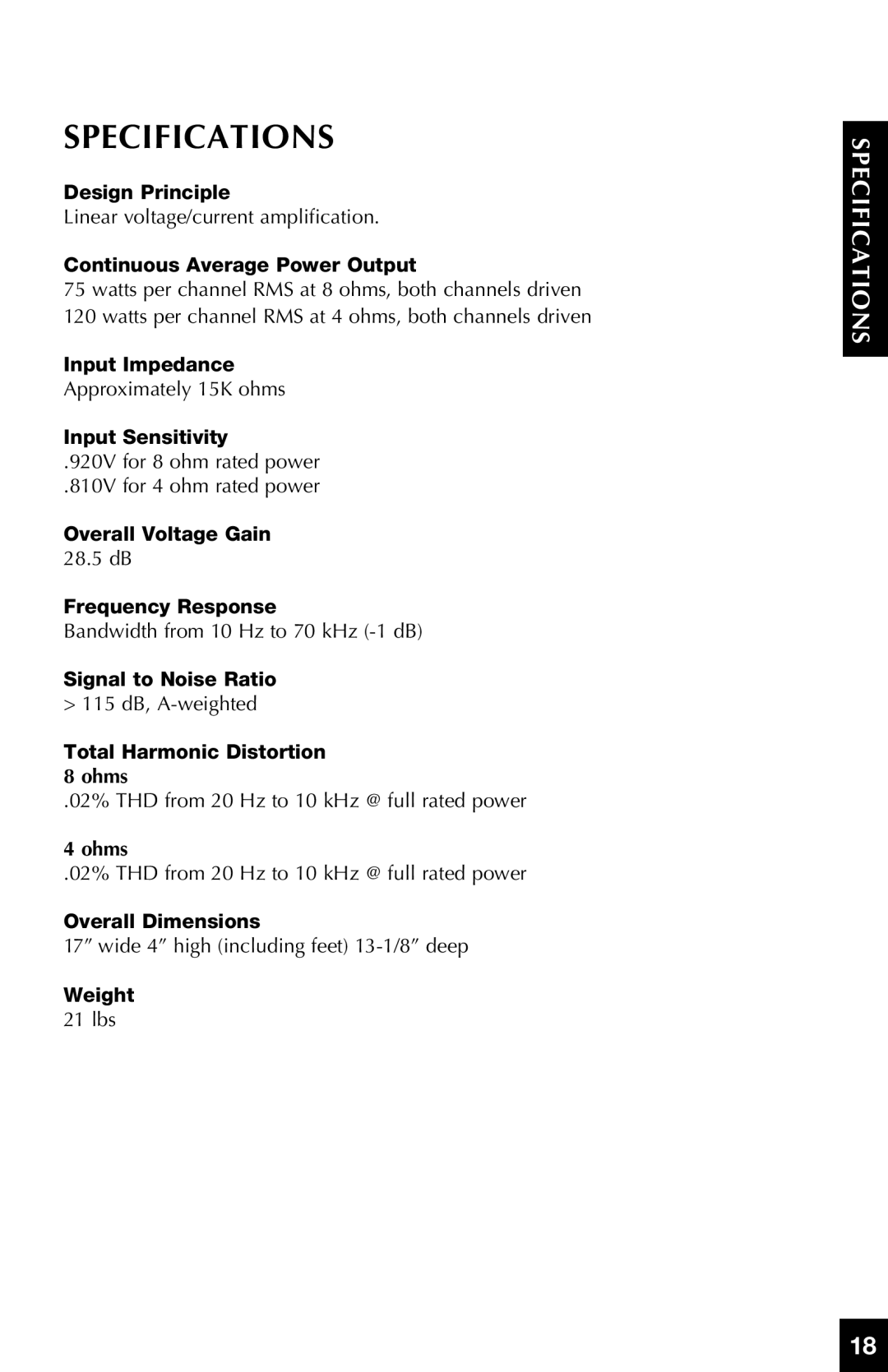 Niles Audio SI-275 manual Specifications, c ificeations Sp 