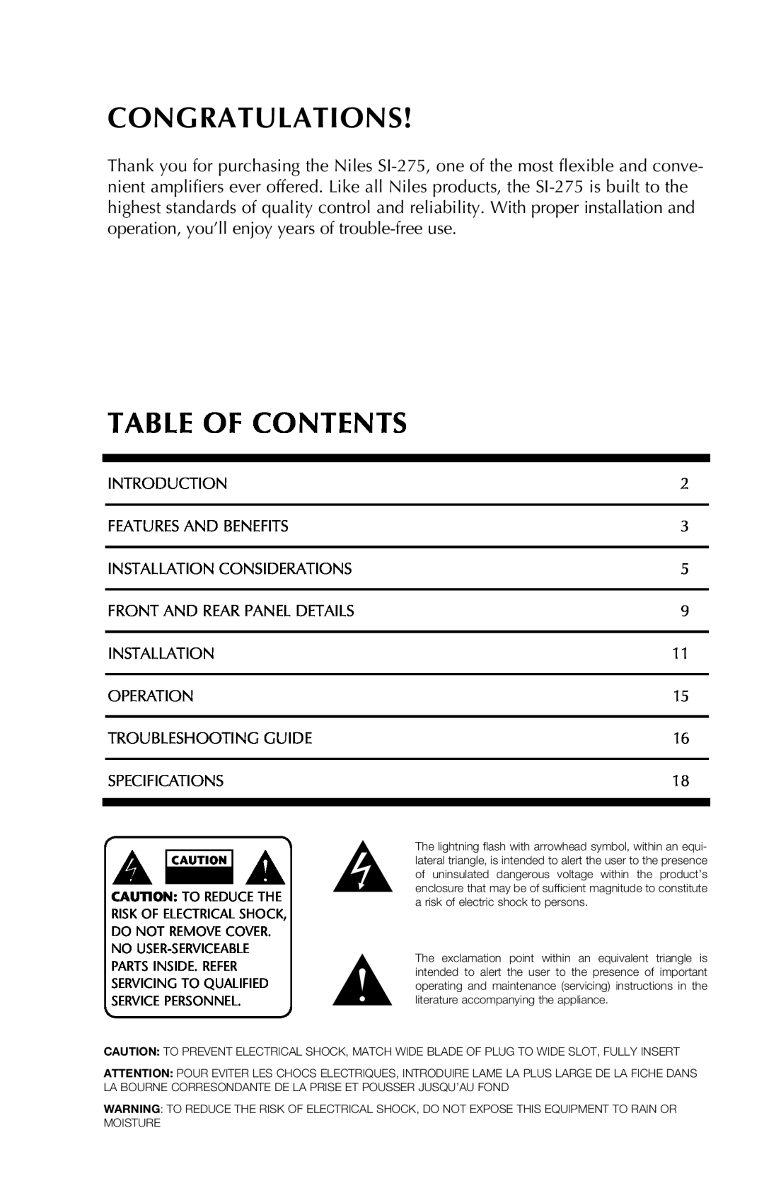 Niles Audio SI-275 manual Congratulations, Table of contents 