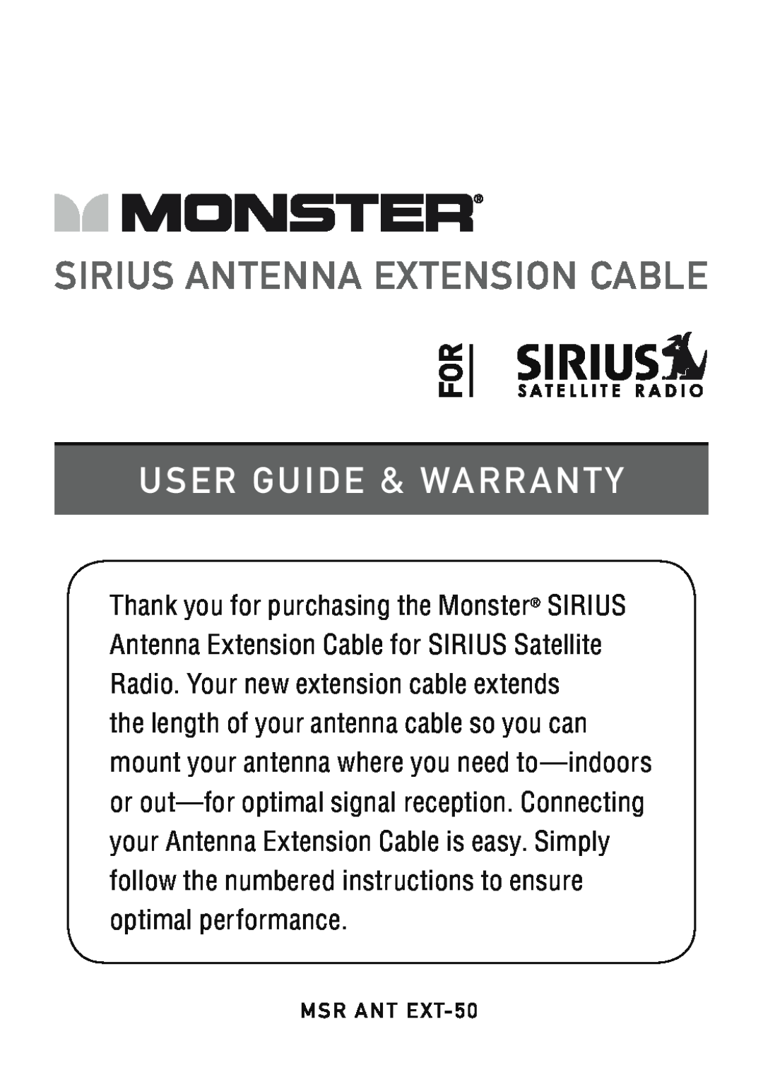 Niles Audio SIRIUS ANTENNA EXTENSION CABLE warranty Sirius Antenna Extension Cable, User Guide & Warranty 
