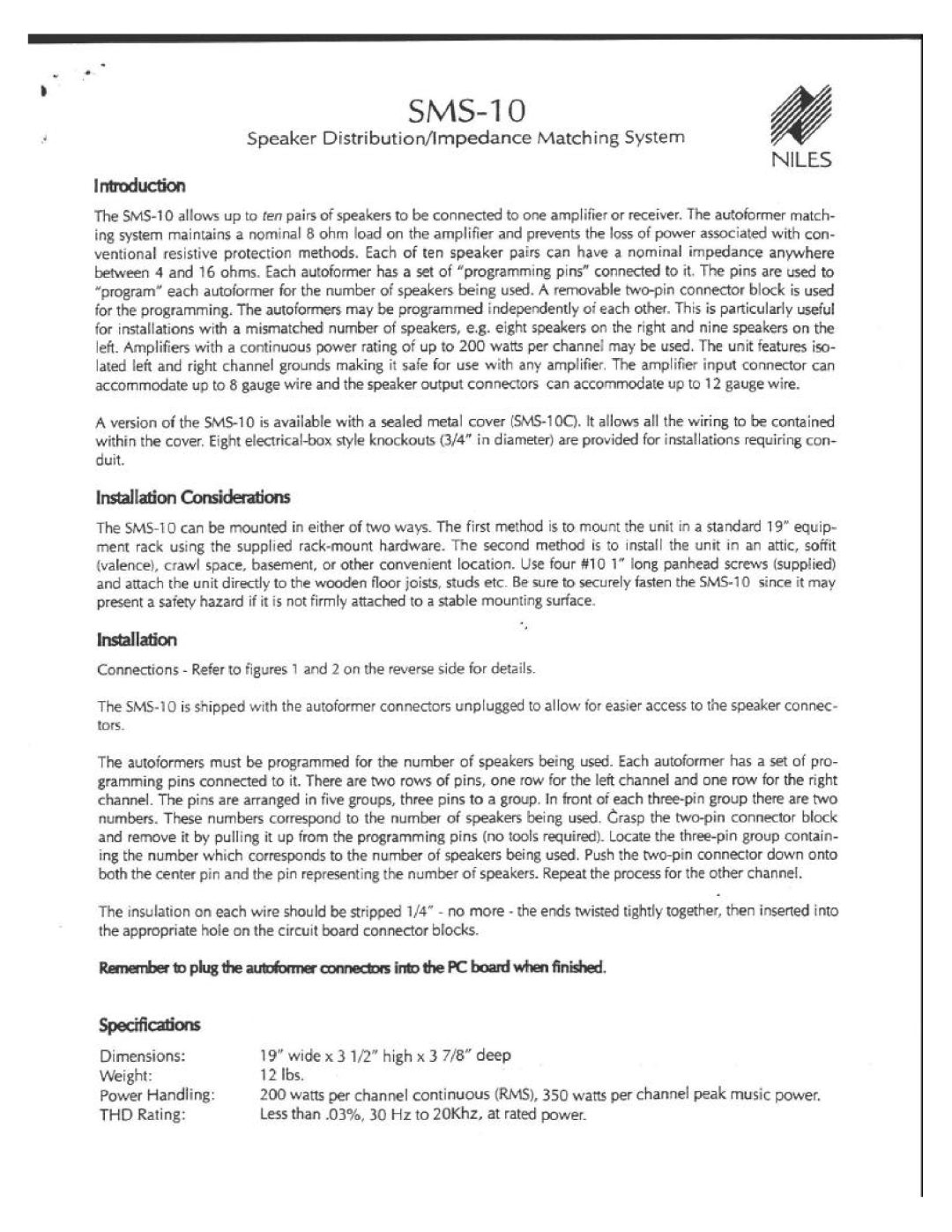 Niles Audio SMS-10 manual 