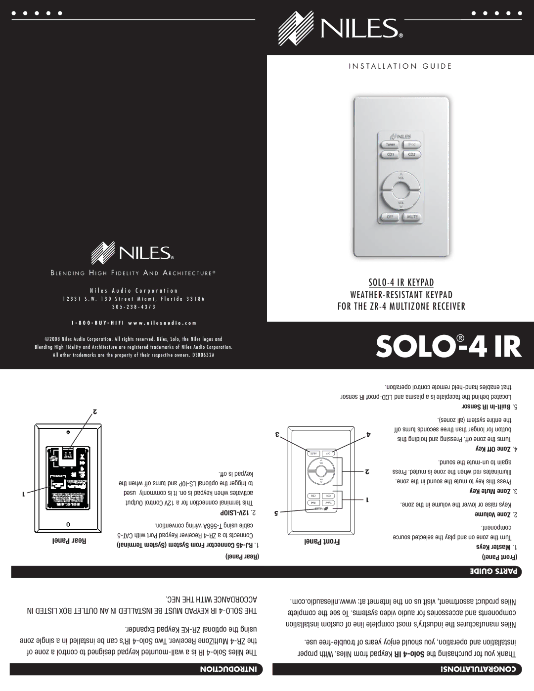 Niles Audio SOLO4CKBL manual Panel Rear, Panel Front 