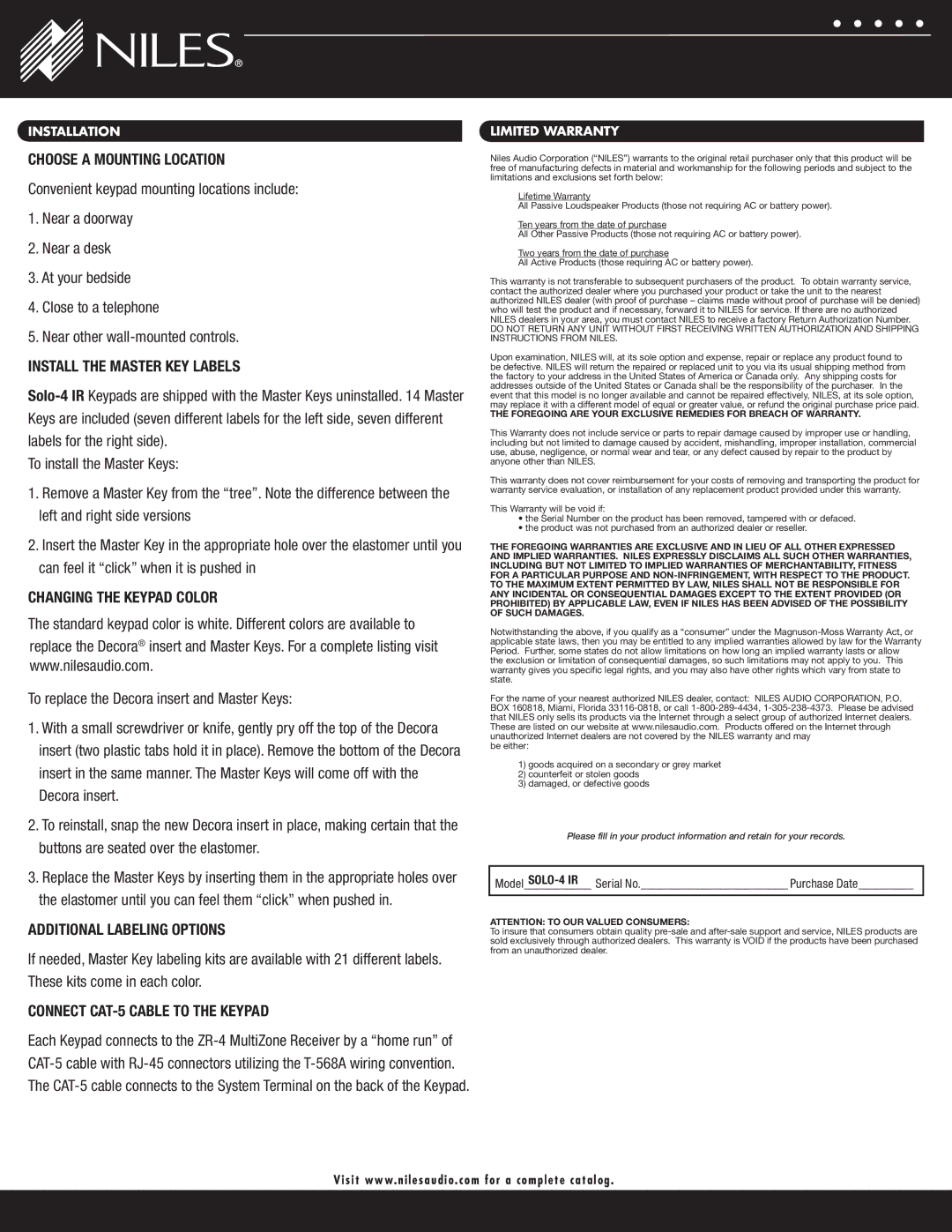 Niles Audio SOLO4CKBL manual Choose a Mounting Location, Install the Master KEY Labels, Changing the Keypad Color 