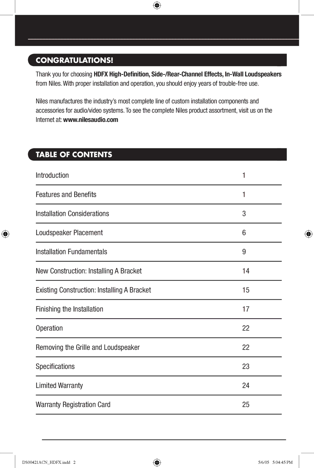 Niles Audio Speaker manual Congratulations, Table of Contents 