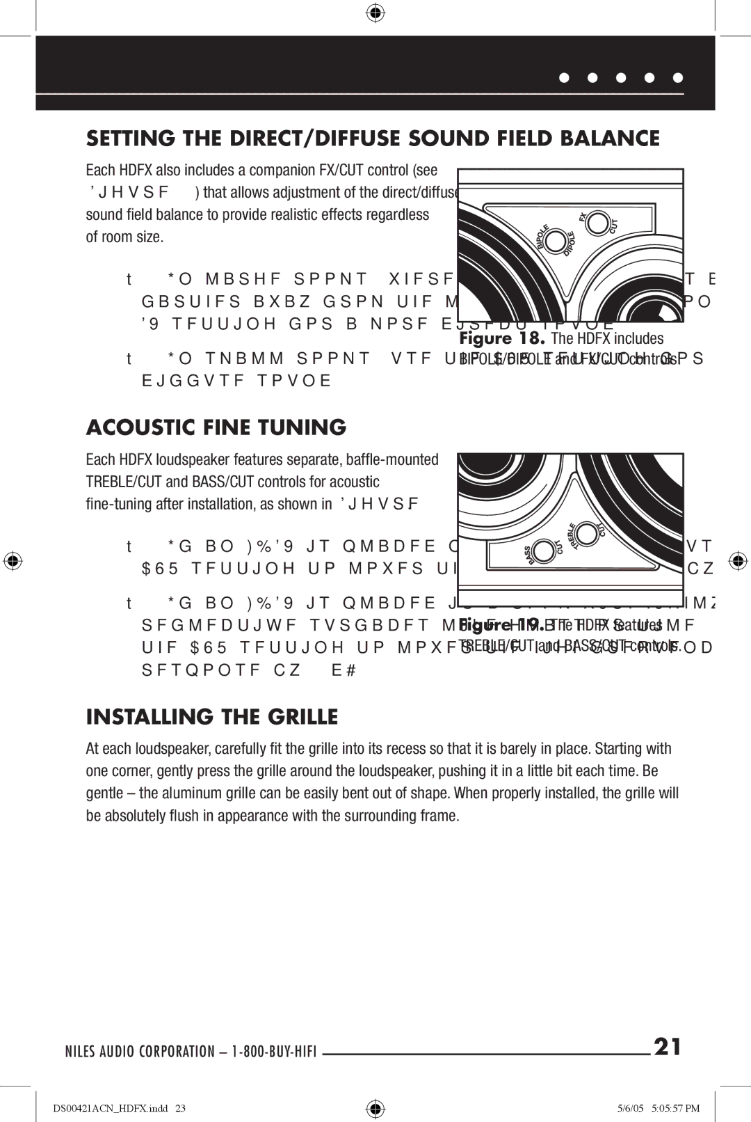 Niles Audio Speaker manual Setting the DIRECT/DIFFUSE Sound Field Balance, Acoustic Fine Tuning, Installing the Grille 