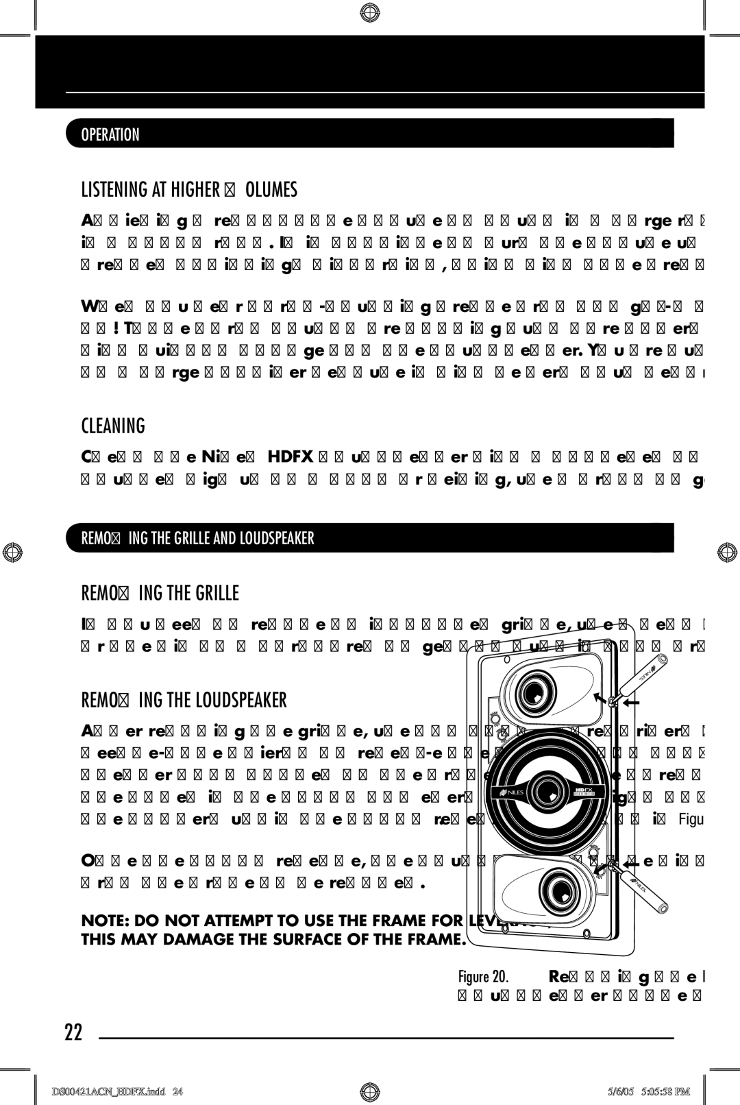 Niles Audio Speaker manual Listening AT Higher Volumes, Cleaning, Removing the Grille, Removing the Loudspeaker 