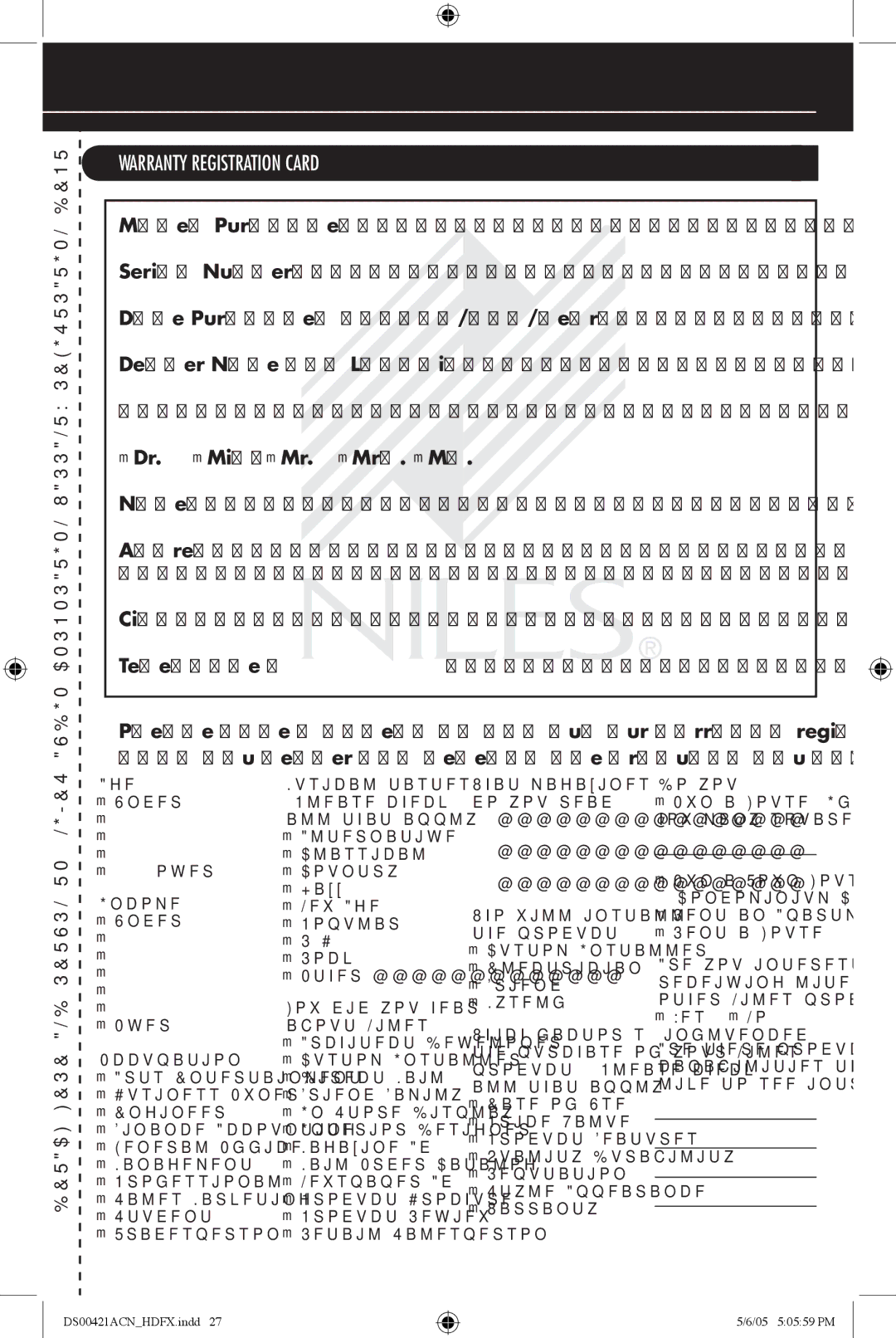 Niles Audio Speaker manual Warranty Registration Card, Yes 