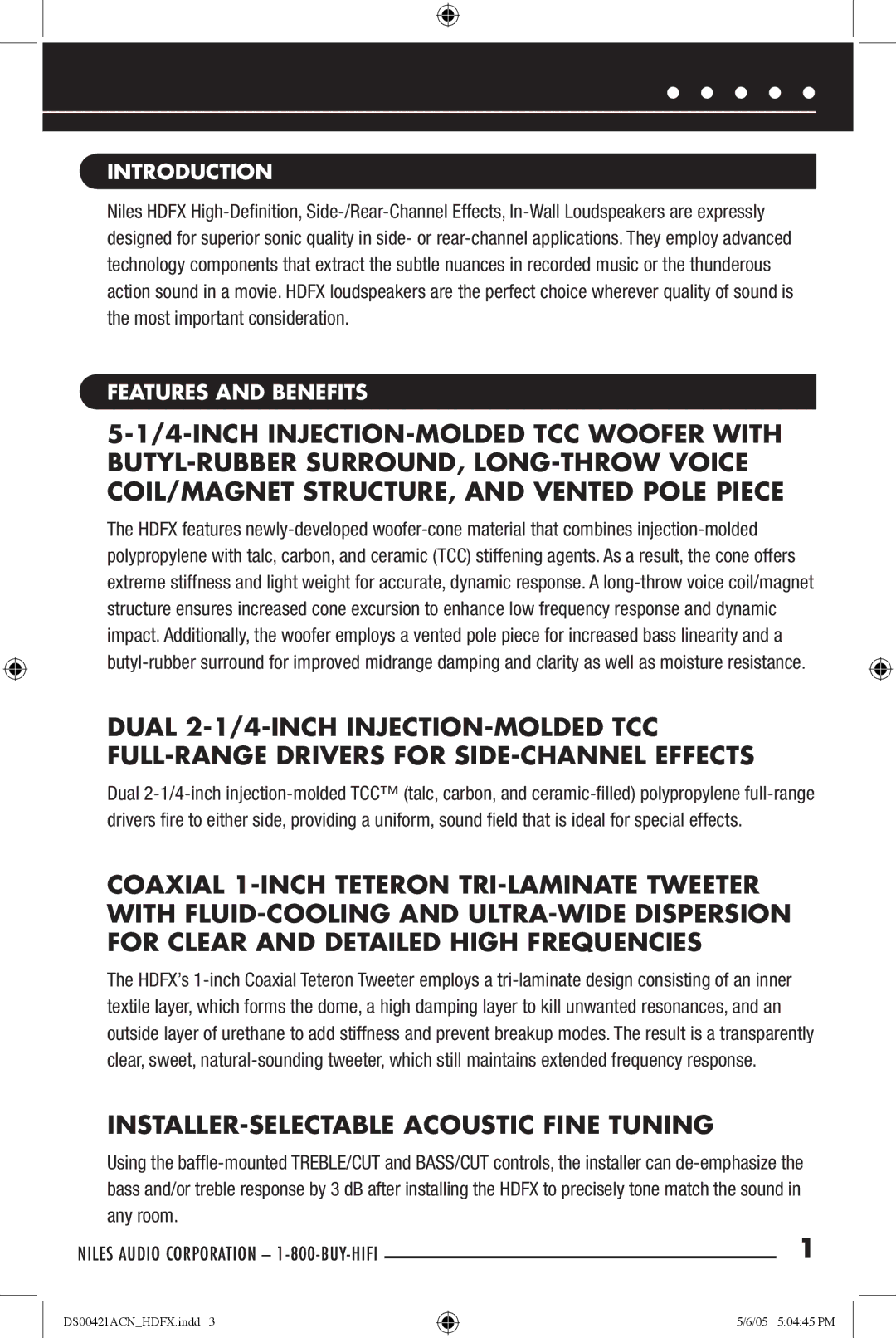 Niles Audio Speaker manual INSTALLER-SELECTABLE Acoustic Fine Tuning, Introduction, Features and Benefits 