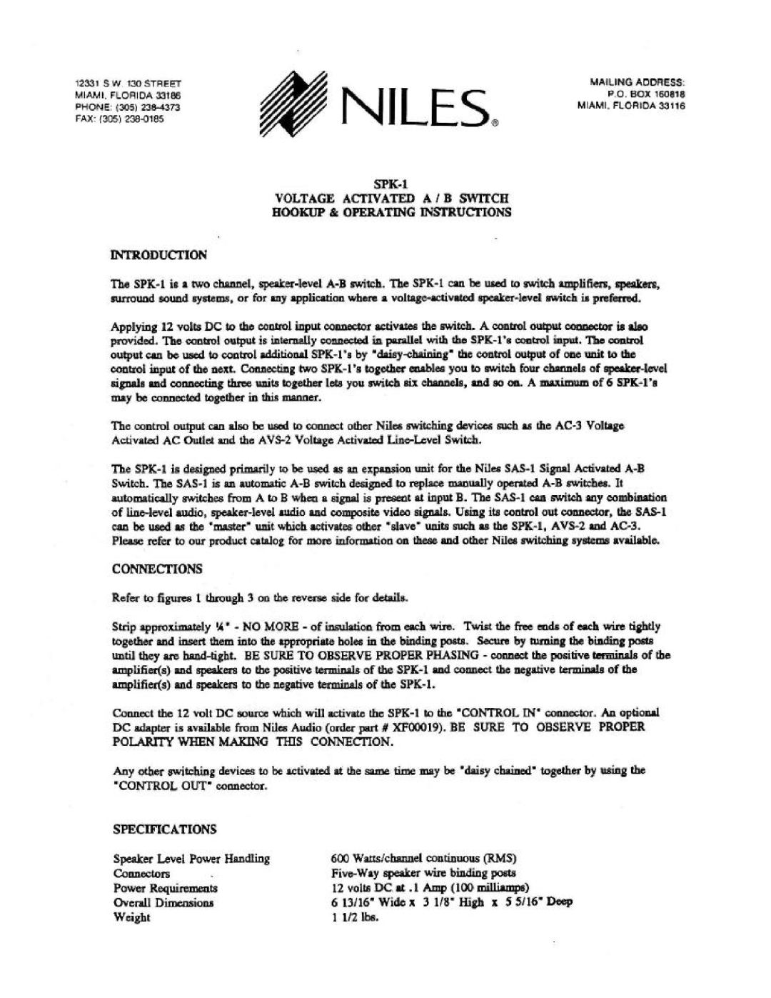 Niles Audio SPK-1 manual 