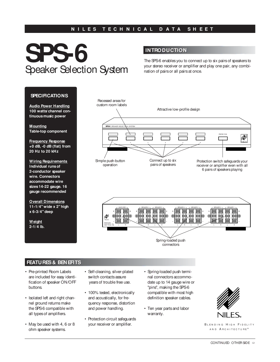 Niles Audio SPS-6 specifications Introduction, Features & Benefits, L E S T E C H N I C a L D a T a S H E E T 