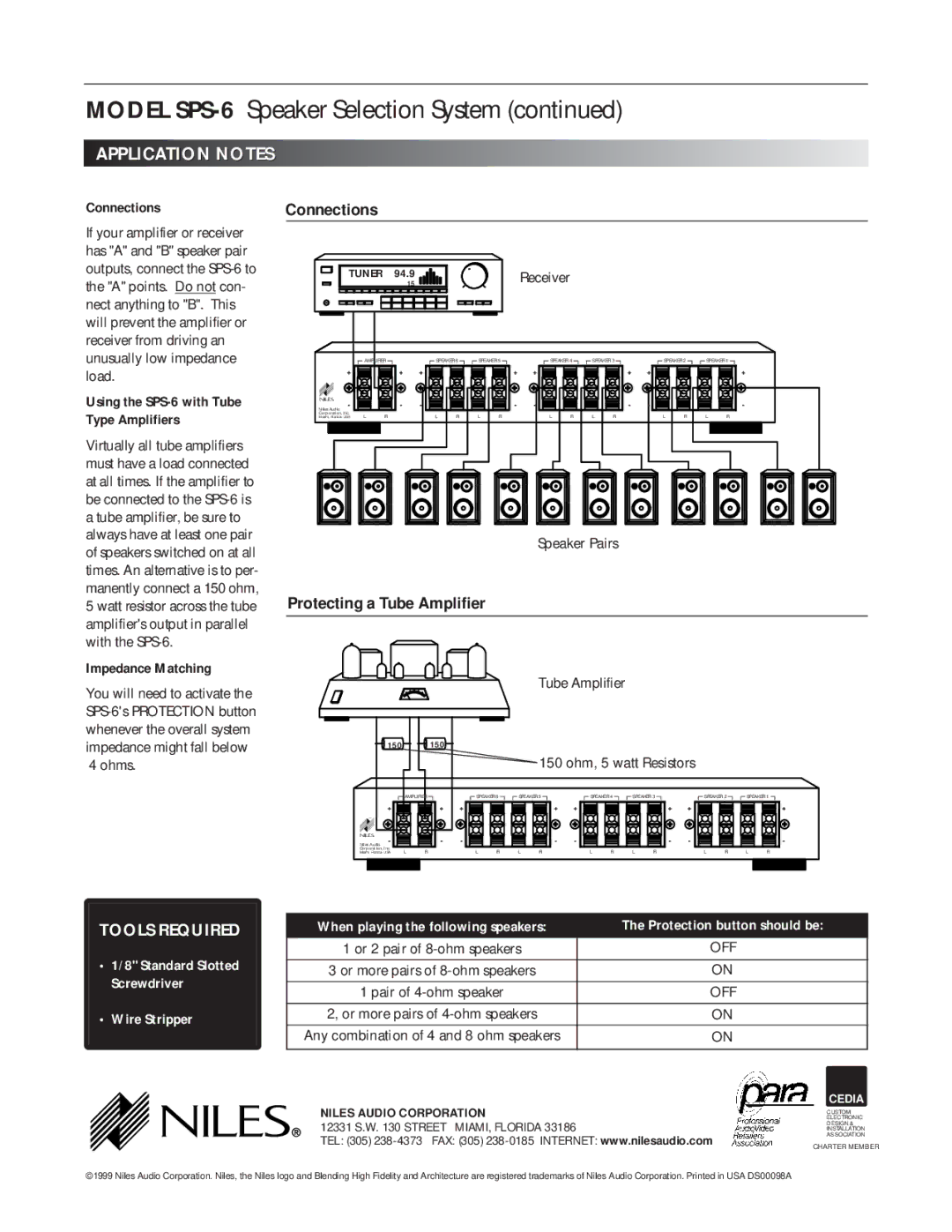 Niles Audio SPS-6 specifications Application Notes, Connections, Protecting a Tube Amplifier, Tools Required 