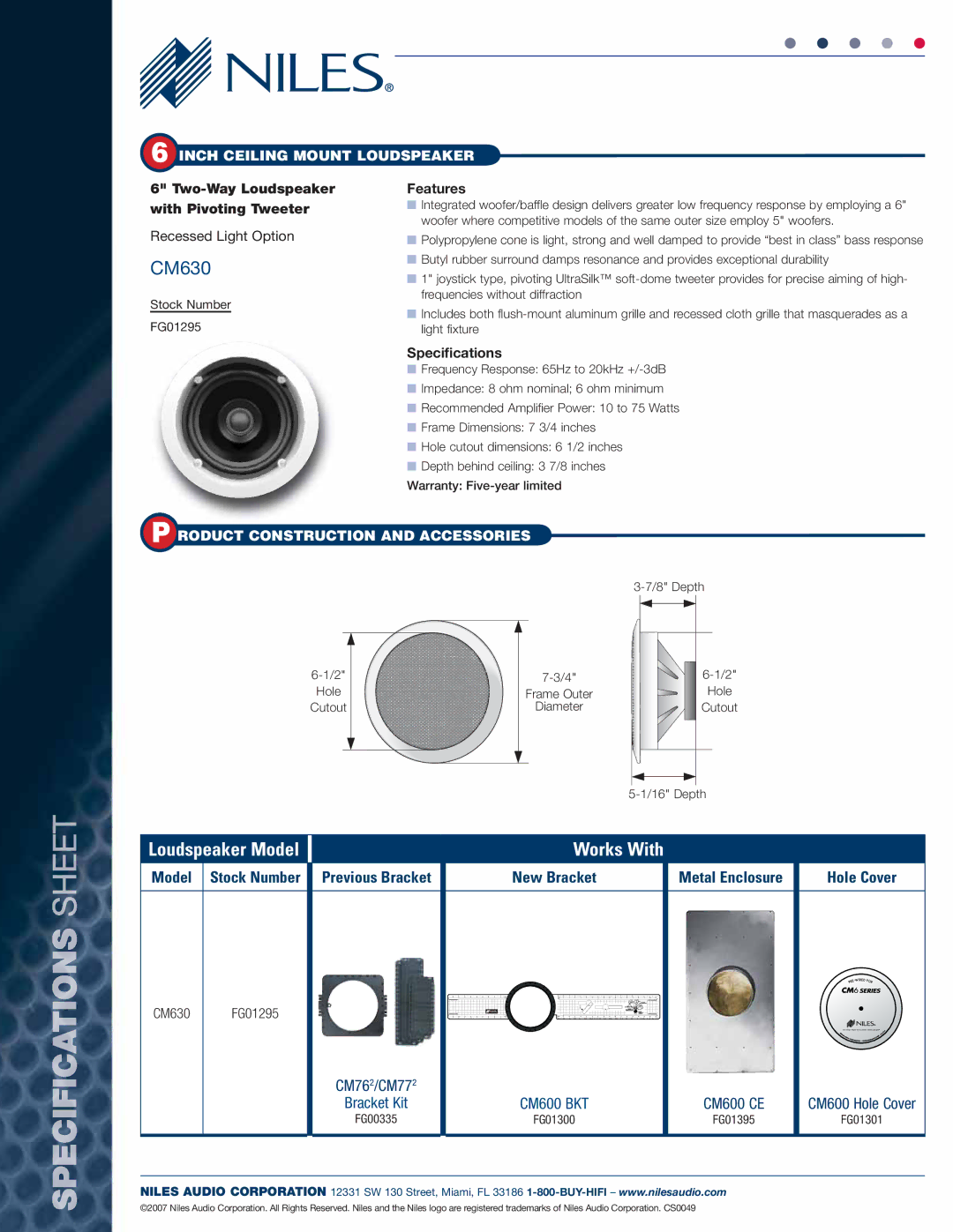 Niles Audio SR14 manual Works With, Two-Way Loudspeaker with Pivoting Tweeter, Features, Specifications 