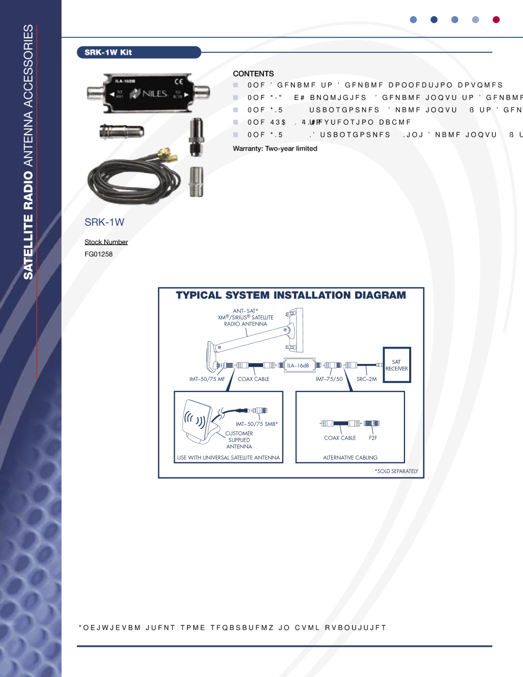 Niles Audio specifications Satellite Radio Antenna Accessories, SRK-1W Kit 