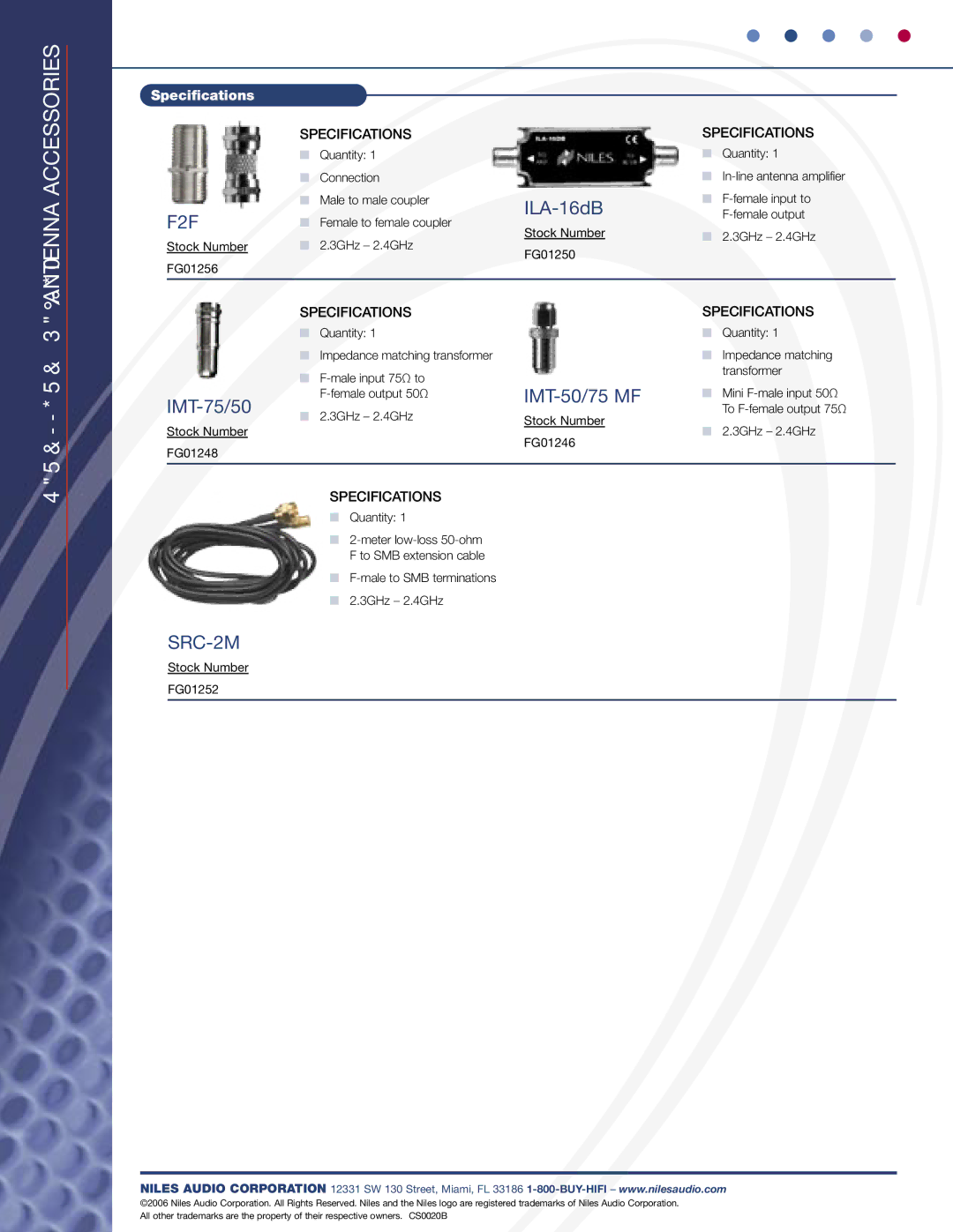 Niles Audio SRK-1W specifications Antenna Accessories, Satellite Radio 