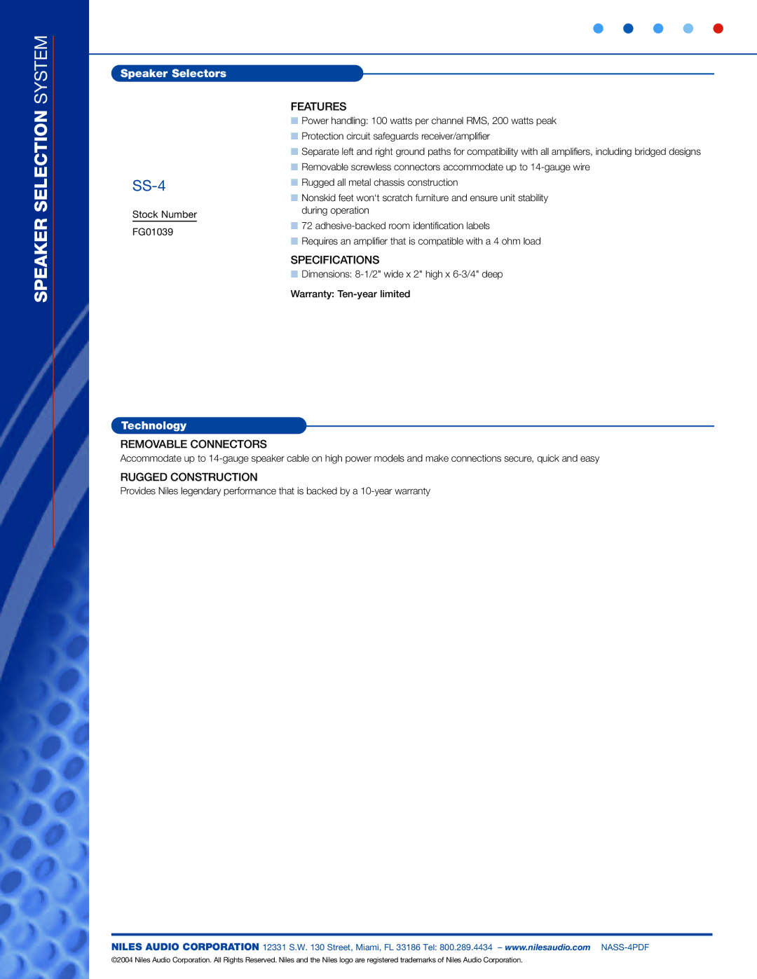 Niles Audio SS-4 specifications Selection System, Speaker Selectors, Technology 