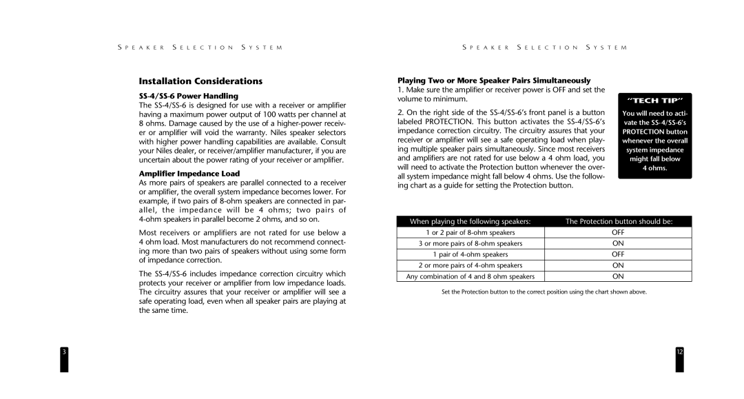 Niles Audio specifications Installation Considerations, SS-4/SS-6 Power Handling, Amplifier Impedance Load, Tech TIP 