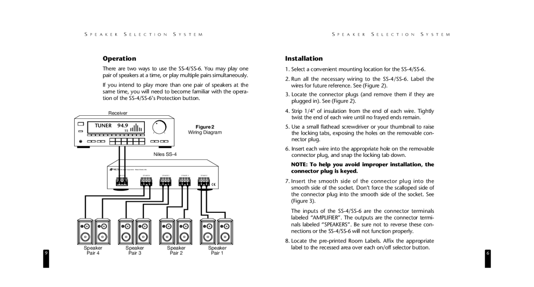 Niles Audio SS-6 specifications Operation, Installation, Tuner 