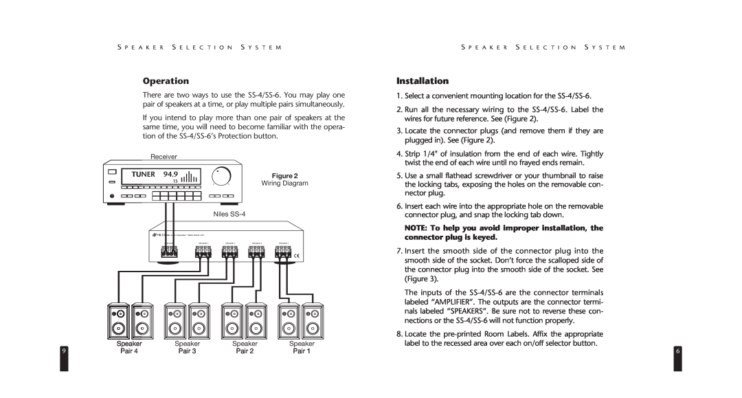 Niles Audio SS-6 specifications Operation, Installation, Tuner 