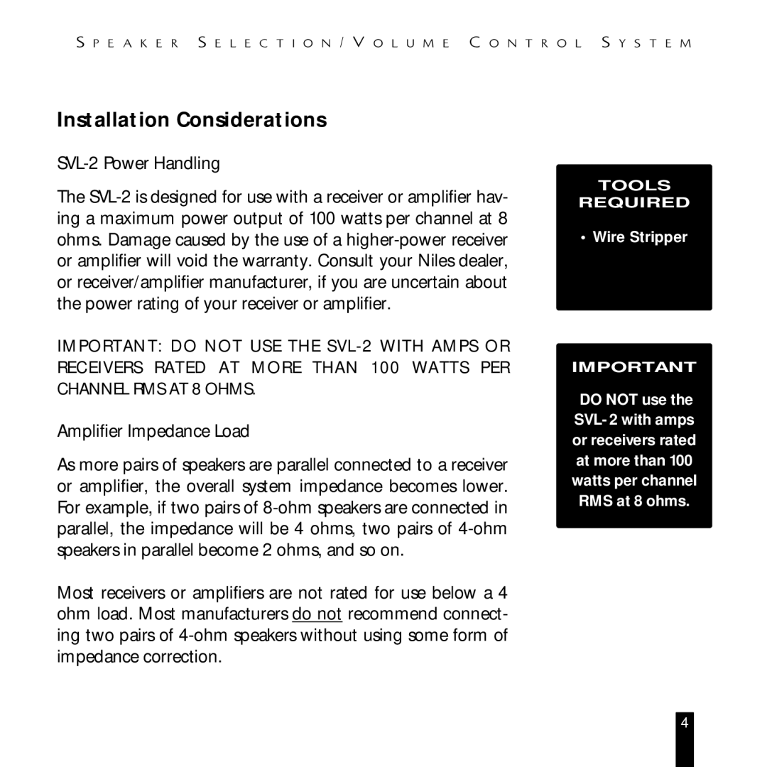 Niles Audio SVL-2 manual Installation Considerations, Wire Stripper 